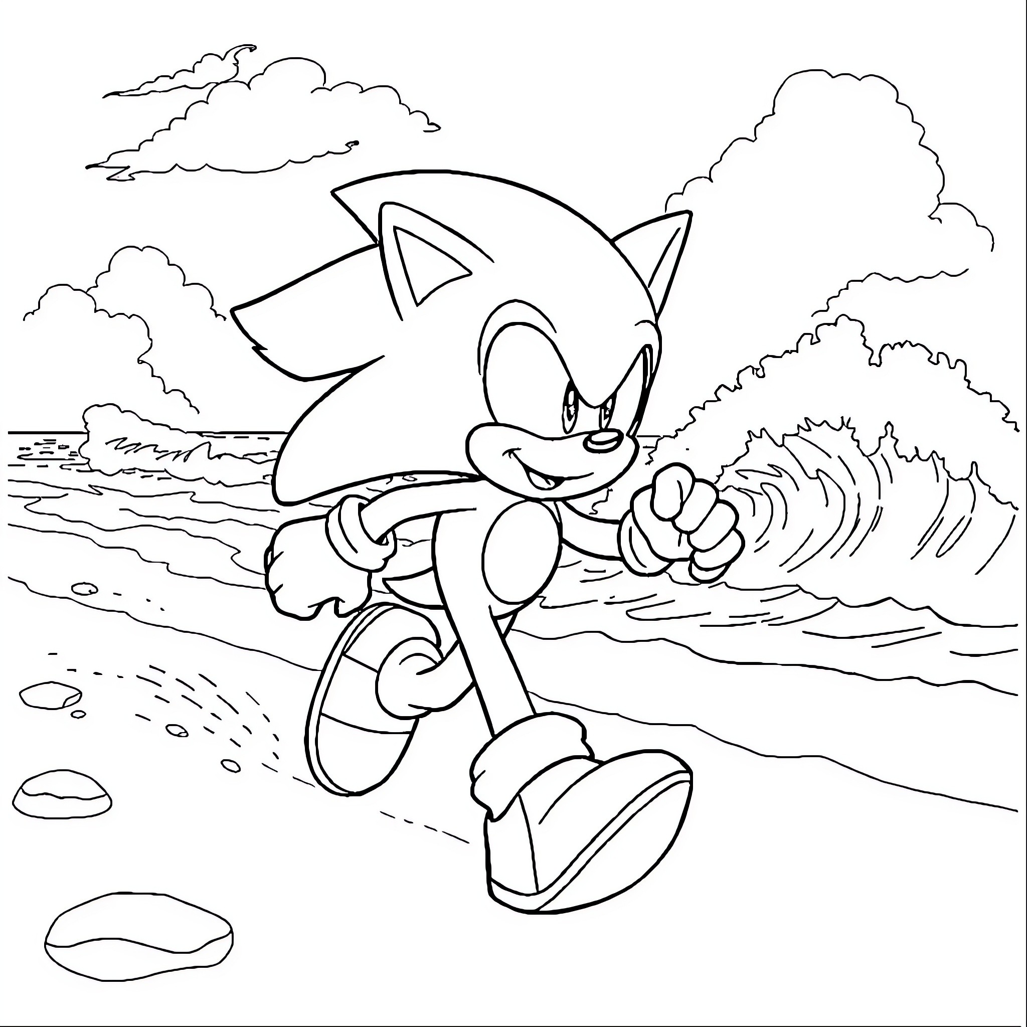 Sonic the Hedgehog running through a scenic landscape Coloring Page (free black-and-white line drawing printable PDF for all, from beginners to advanced learners, including children, teens, adults, and seniors)