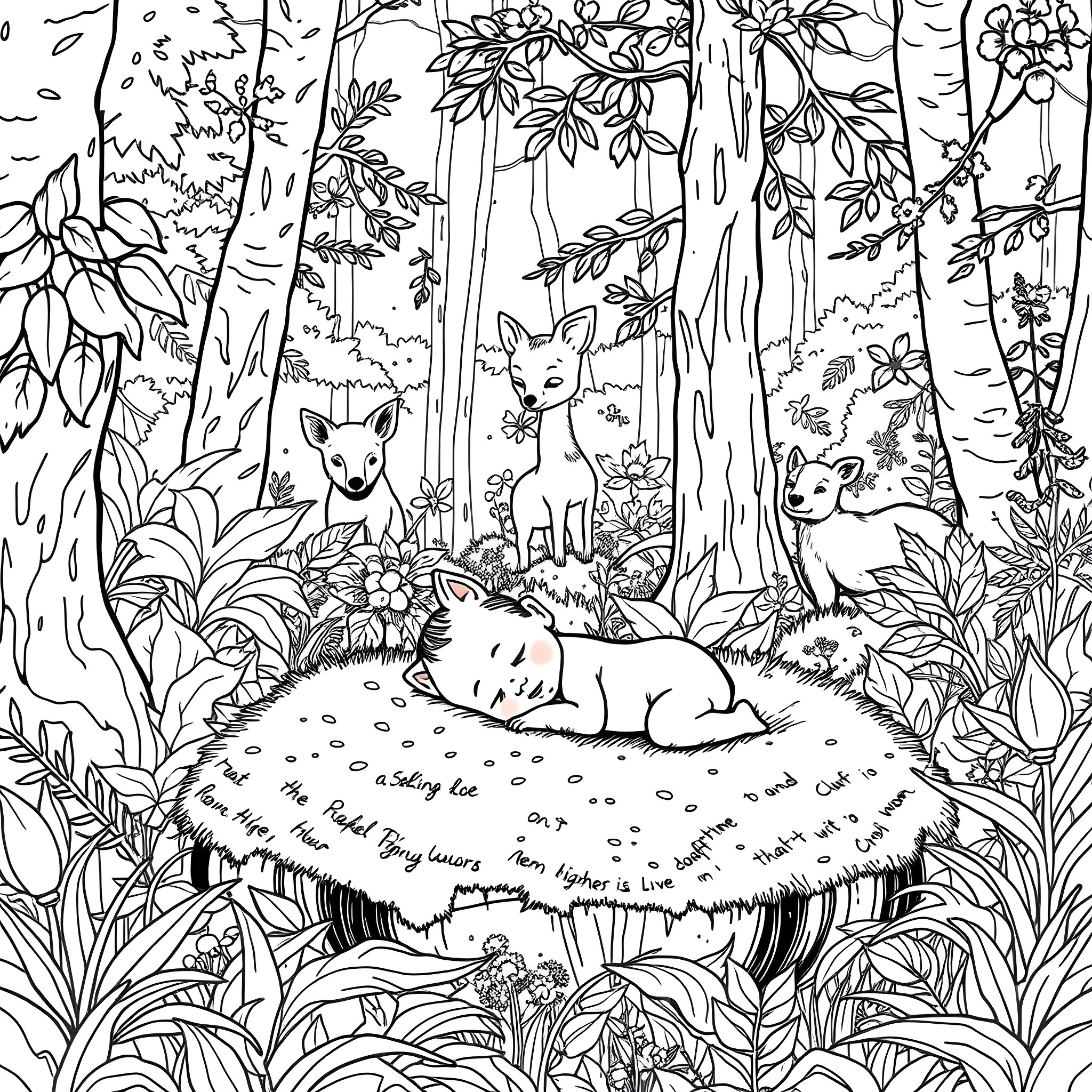 Baby sleeping peacefully in the enchanted forest Coloring Page (free black-and-white line drawing printable PDF for all, from beginners to advanced learners, including children, teens, adults, and seniors)