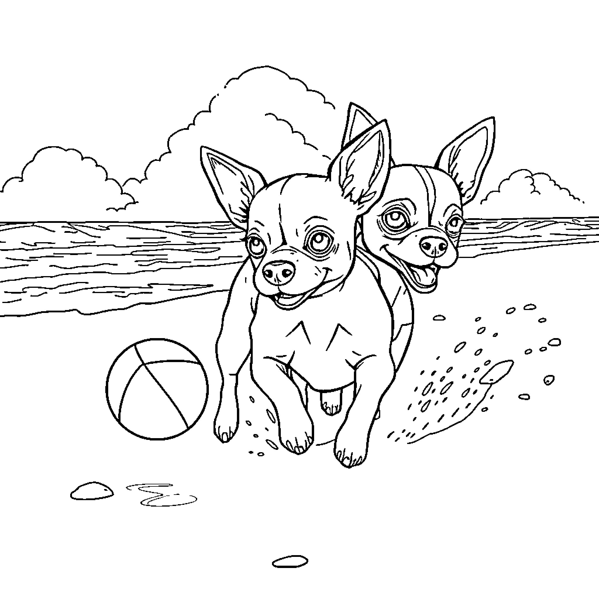 Chihuahuas playing joyfully by the beach Coloring Page (free black-and-white line drawing printable PDF for all, from beginners to advanced learners, including children, teens, adults, and seniors)
