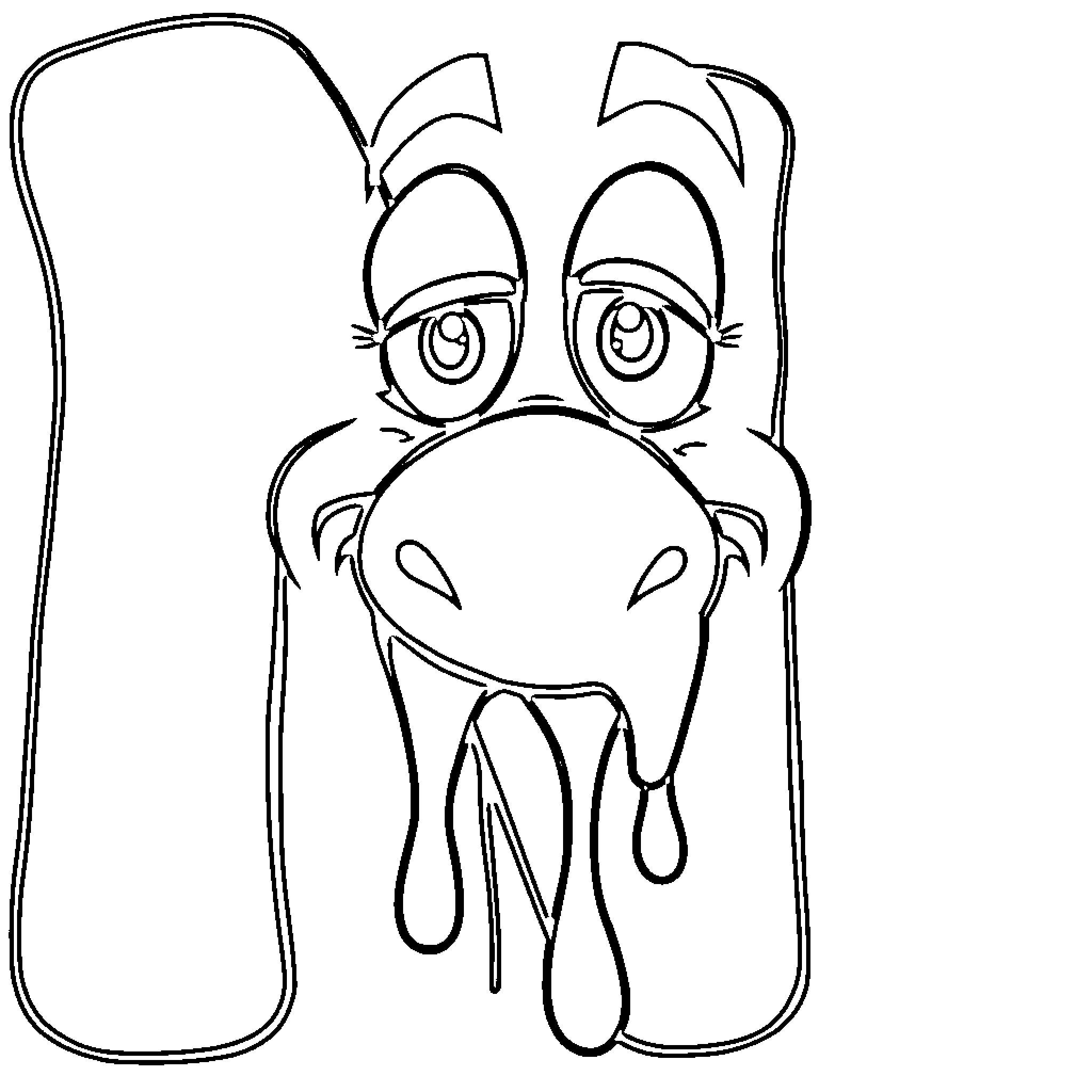 Letter N - Playful and expressive cartoon character Coloring Page (free black-and-white line drawing printable PDF for all, from beginners to advanced learners, including children, teens, adults, and seniors)