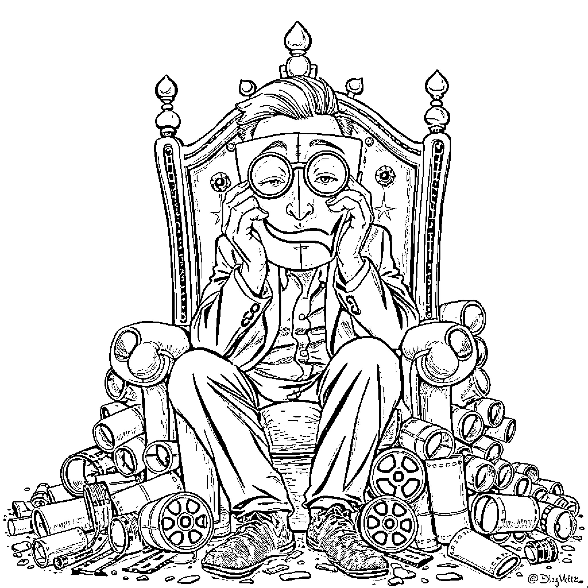 Man sitting on ornate throne surrounded by various objects Coloring Page (free black-and-white line drawing printable PDF for all, from beginners to advanced learners, including children, teens, adults, and seniors)