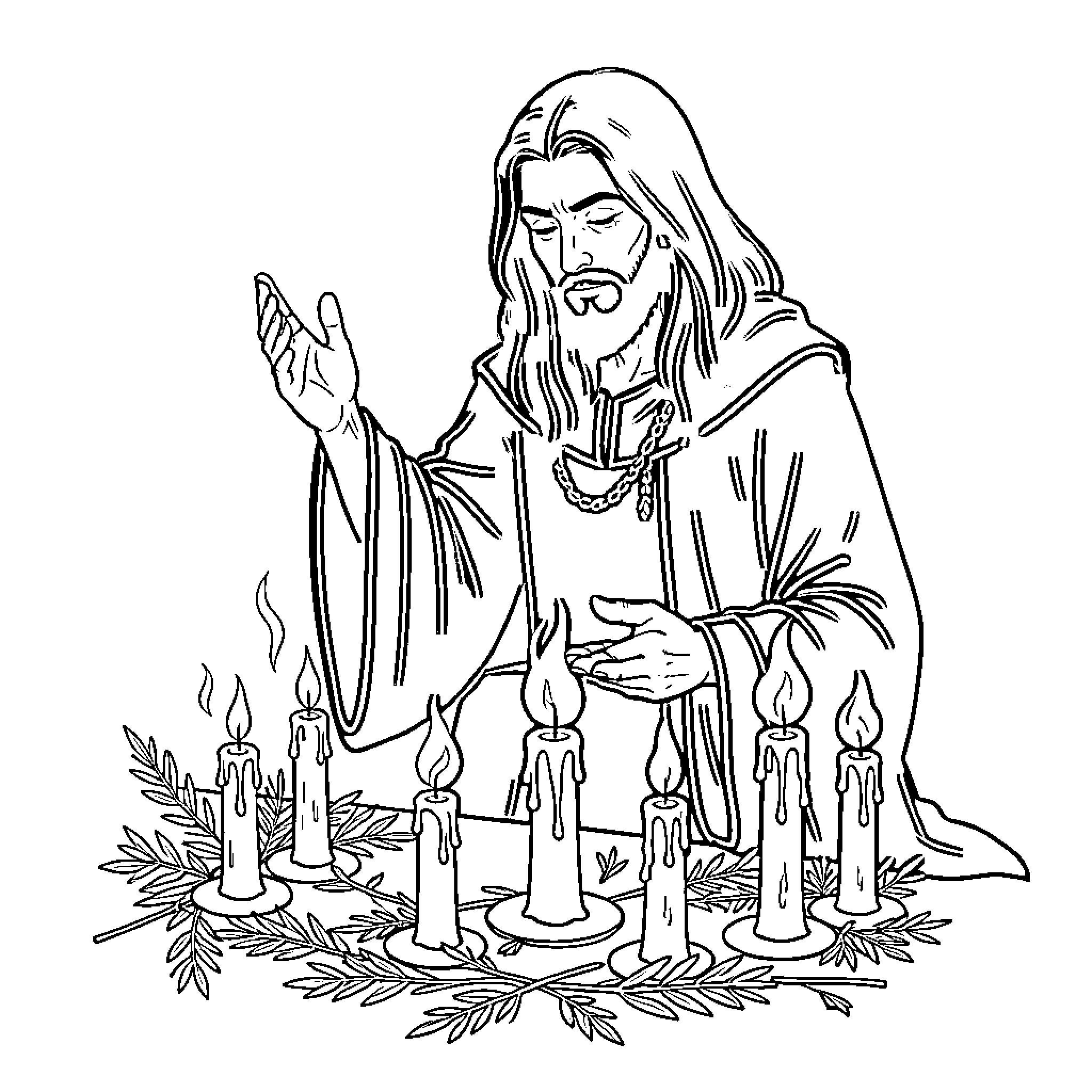 Brujo performing ritual with candles and incense Coloring Page (free black-and-white line drawing printable PDF for all, from beginners to advanced learners, including children, teens, adults, and seniors)