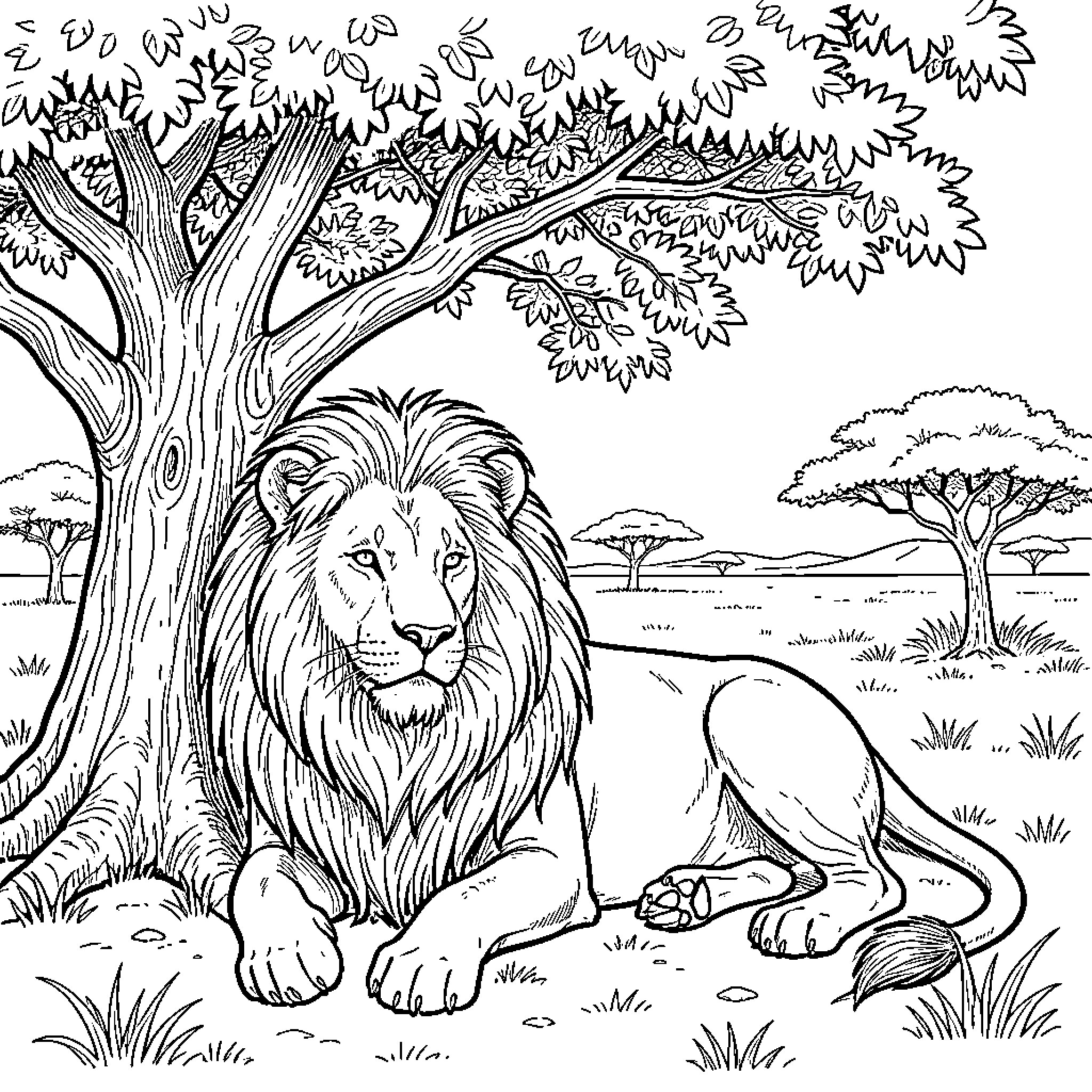 Lion resting peacefully in the wild savanna Coloring Page (free black-and-white line drawing printable PDF for all, from beginners to advanced learners, including children, teens, adults, and seniors)