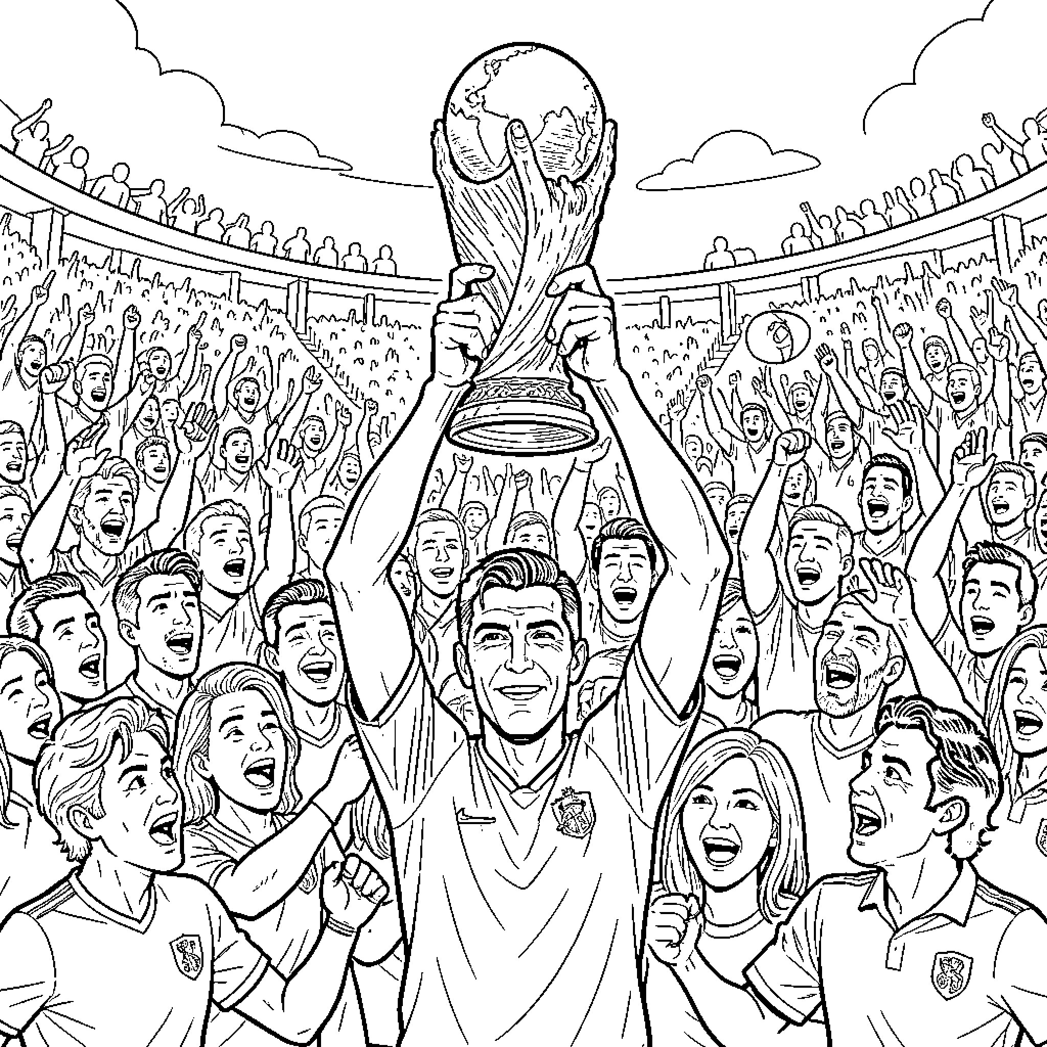 Zinedine Zidane celebrating while lifting a championship trophy Coloring Page (free black-and-white line drawing printable PDF for all, from beginners to advanced learners, including children, teens, adults, and seniors)