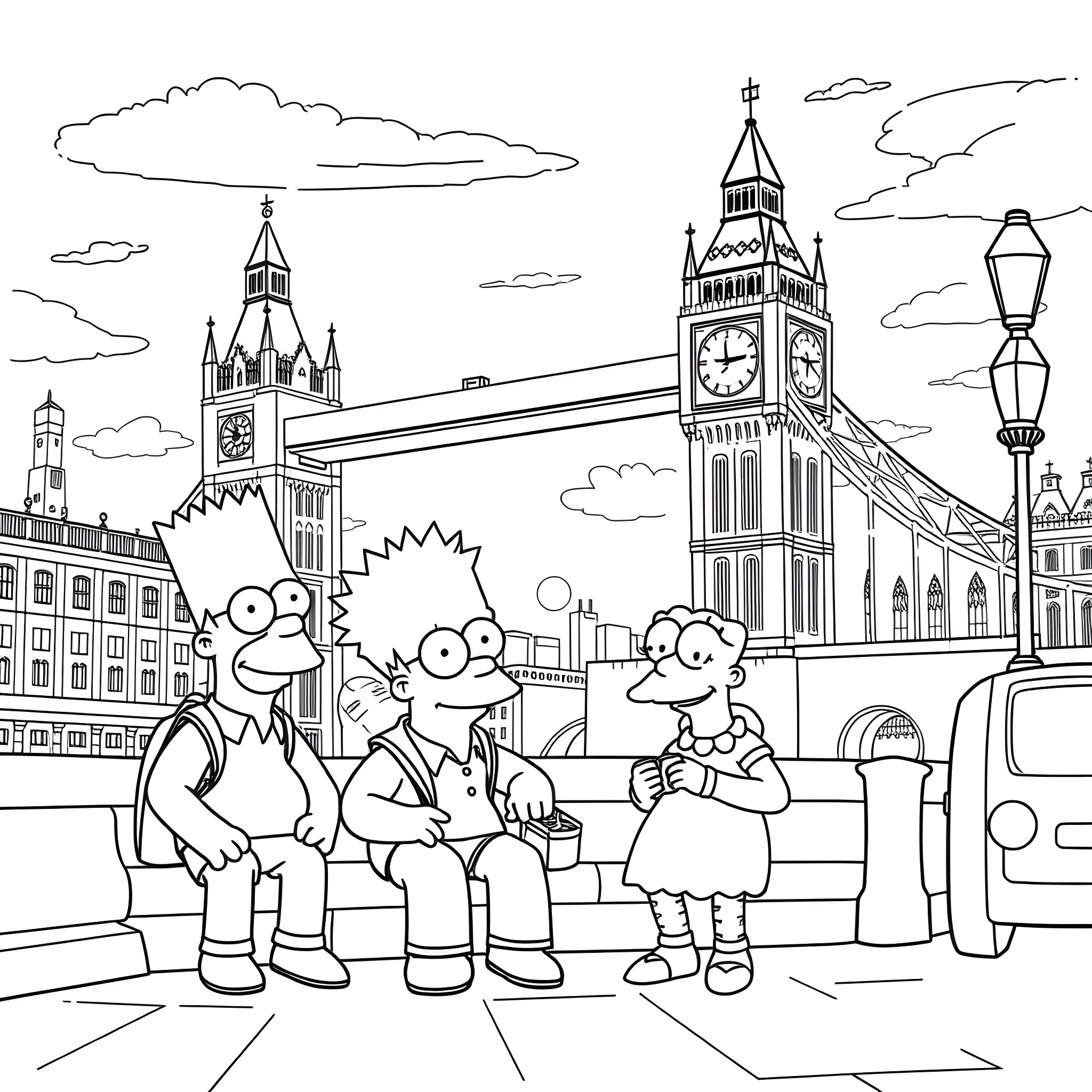 Simpsons family exploring iconic London landmarks Coloring Page (free black-and-white line drawing printable PDF for all, from beginners to advanced learners, including children, teens, adults, and seniors)