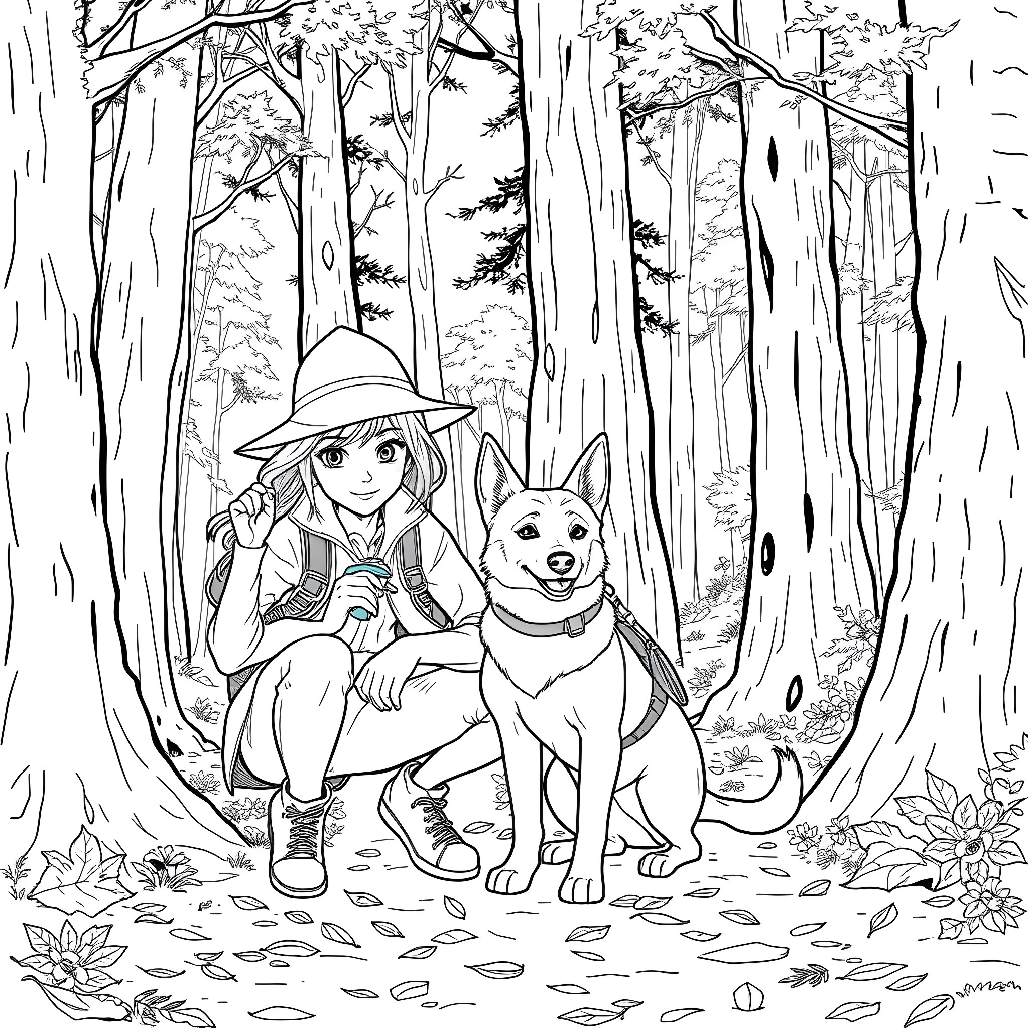 Girl and her dog exploring the forest Coloring Page (free black-and-white line drawing printable PDF for all, from beginners to advanced learners, including children, teens, adults, and seniors)