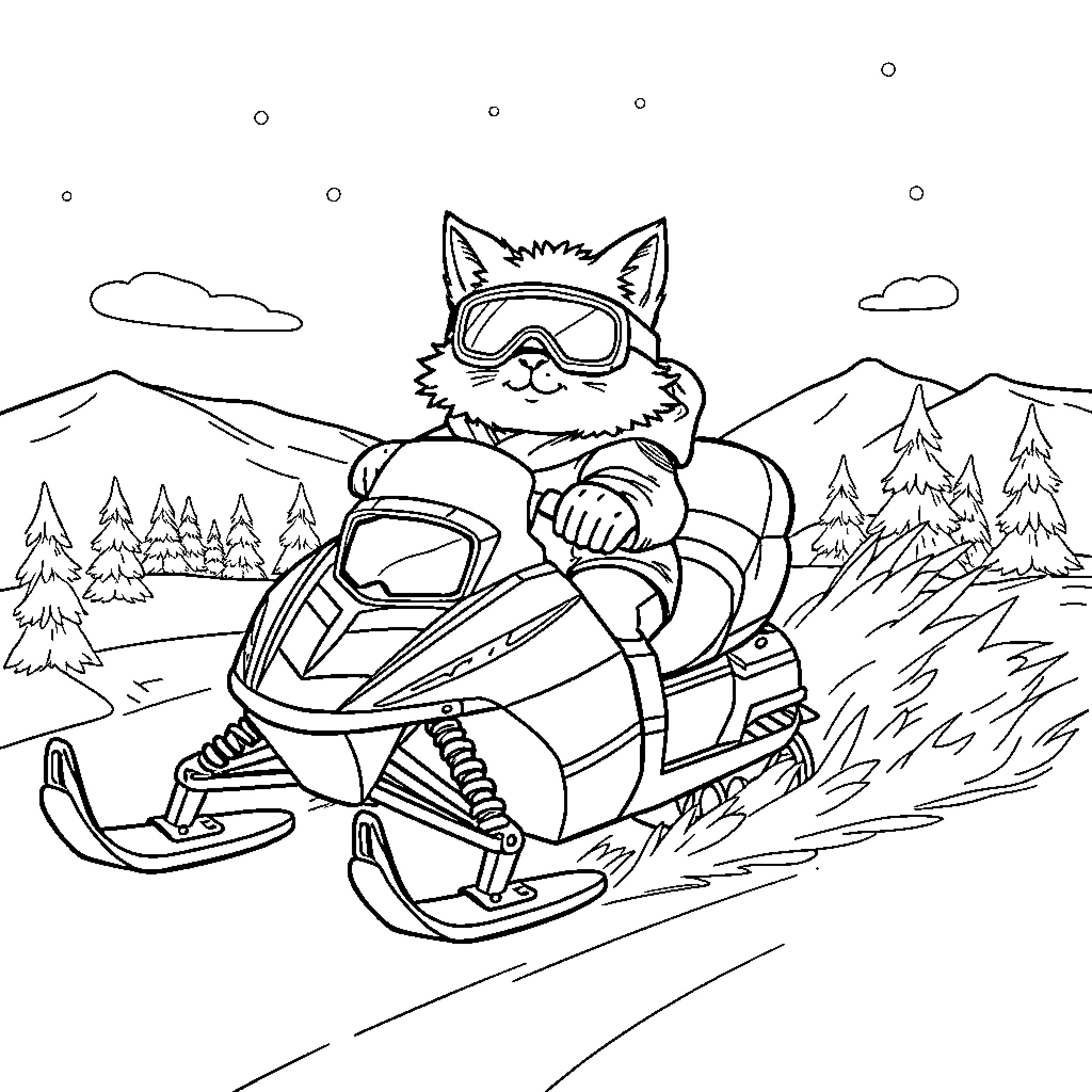 Cat riding snowmobile in winter landscape Coloring Page (free black-and-white line drawing printable PDF for all, from beginners to advanced learners, including children, teens, adults, and seniors)