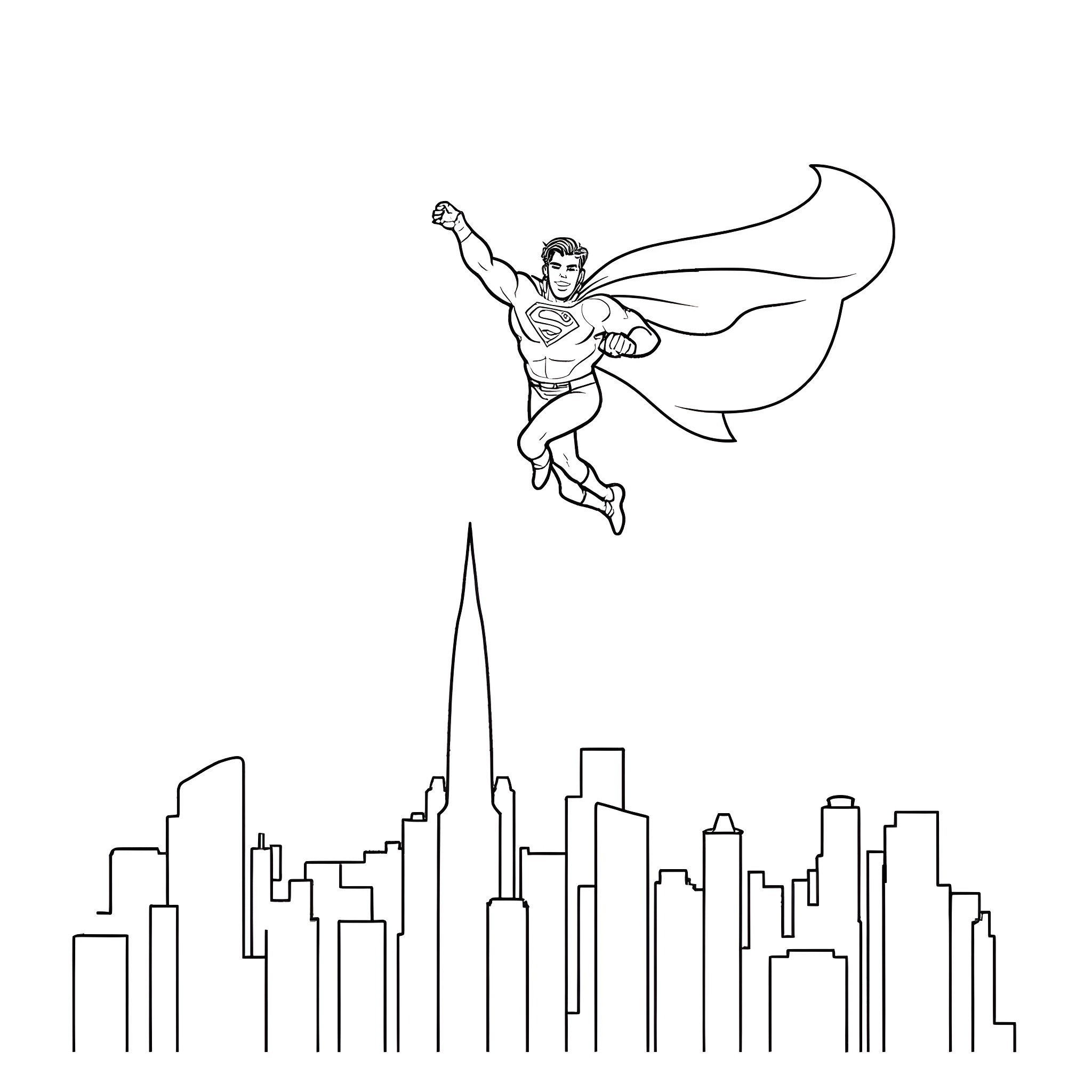 Superman soaring over the city skyline Coloring Page (free black-and-white line drawing printable PDF for all, from beginners to advanced learners, including children, teens, adults, and seniors)
