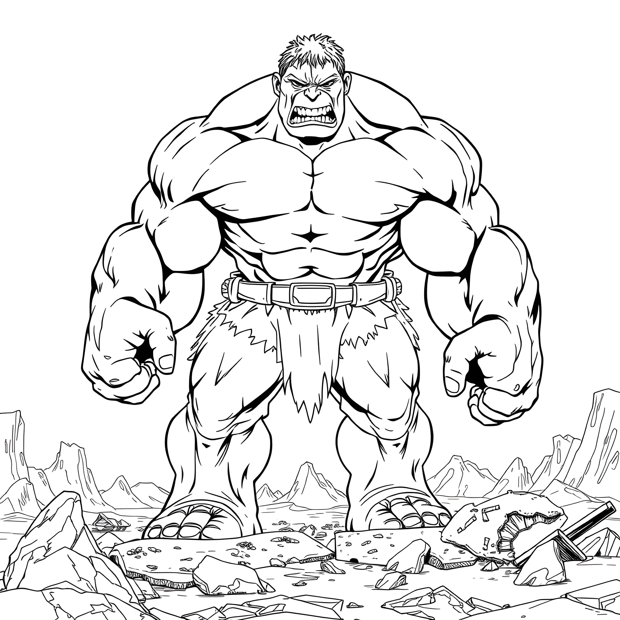 Skulk of a Powerful Superhero in Ruins Coloring Page (free black-and-white line drawing printable PDF for all, from beginners to advanced learners, including children, teens, adults, and seniors)