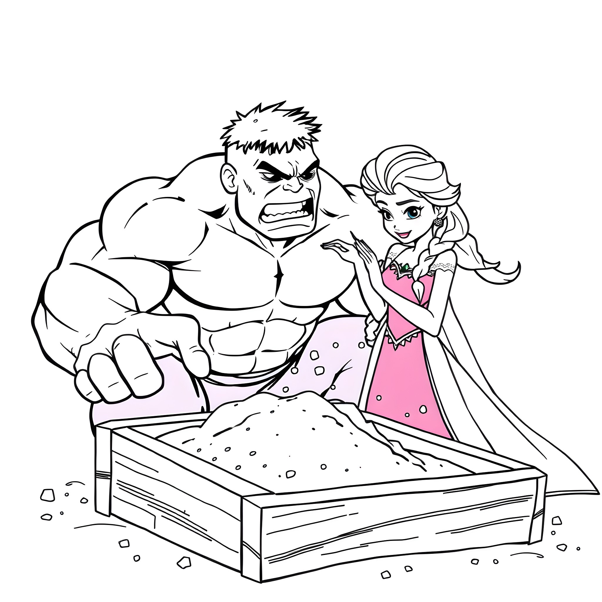 Hulk smashing the bed with a woman watching Coloring Page (free black-and-white line drawing printable PDF for all, from beginners to advanced learners, including children, teens, adults, and seniors)