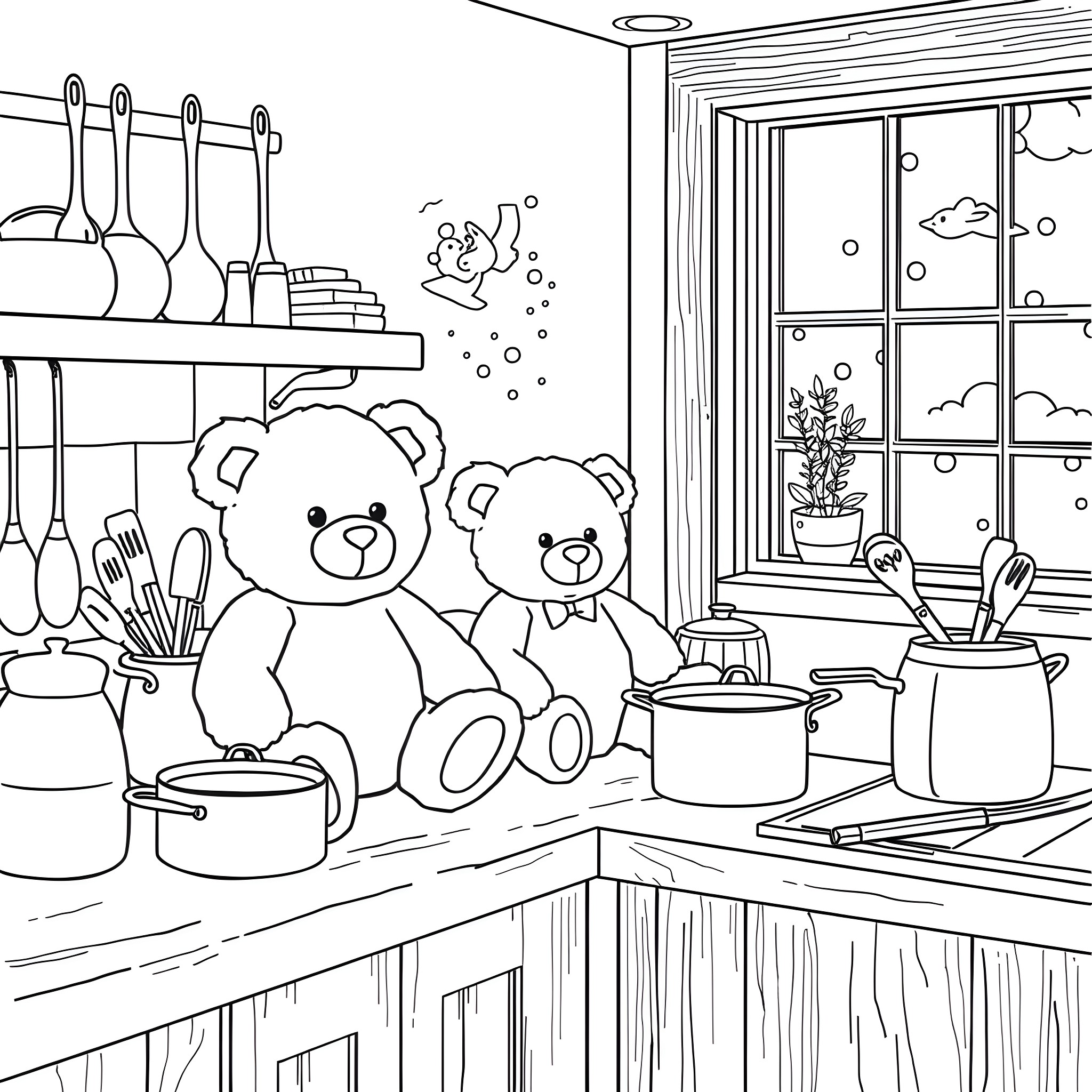 Teddy Bears Relaxing in the Cozy Kitchen Coloring Page (free black-and-white line drawing printable PDF for all, from beginners to advanced learners, including children, teens, adults, and seniors)