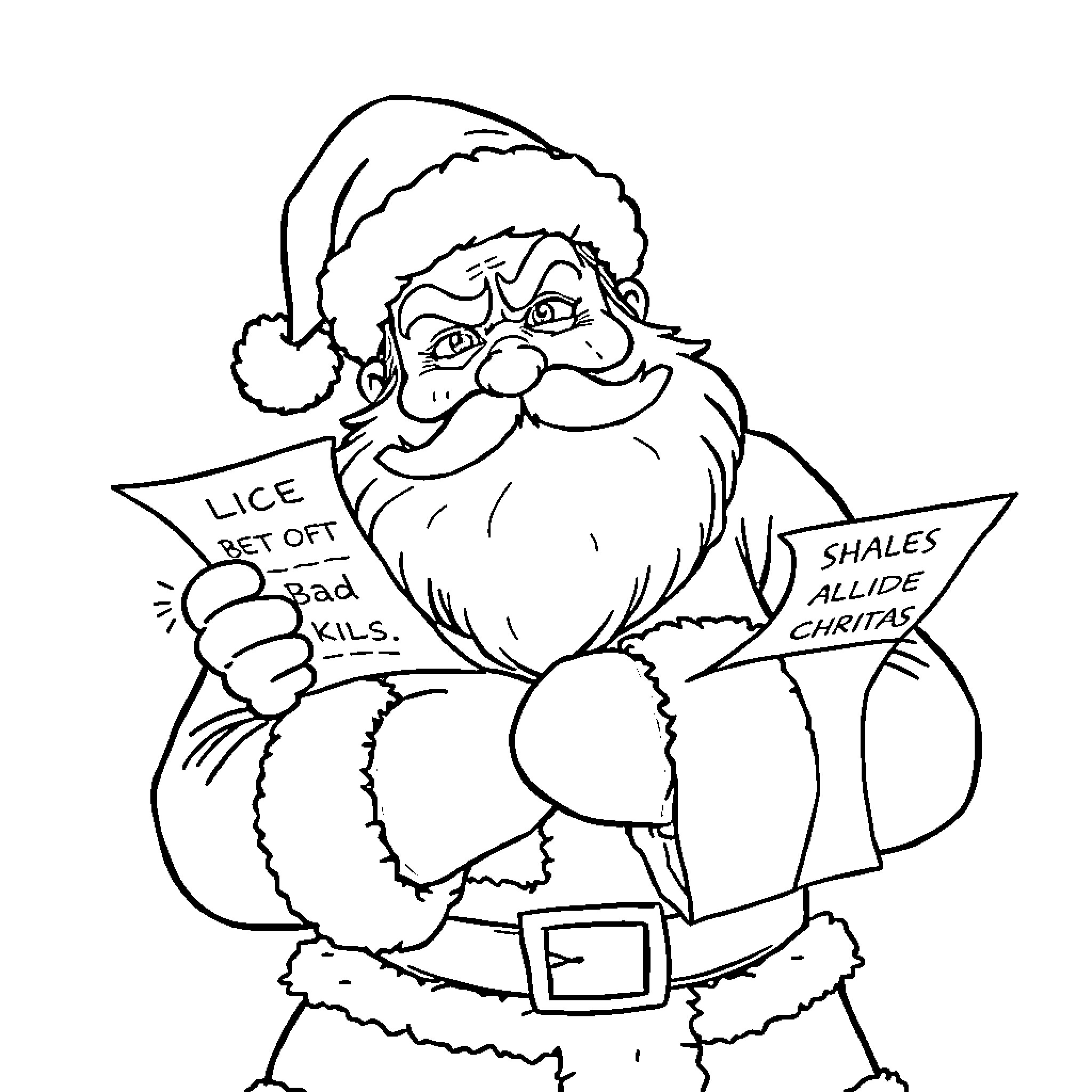 Santa Claus holding funny signs Coloring Page (free black-and-white line drawing printable PDF for all, from beginners to advanced learners, including children, teens, adults, and seniors)