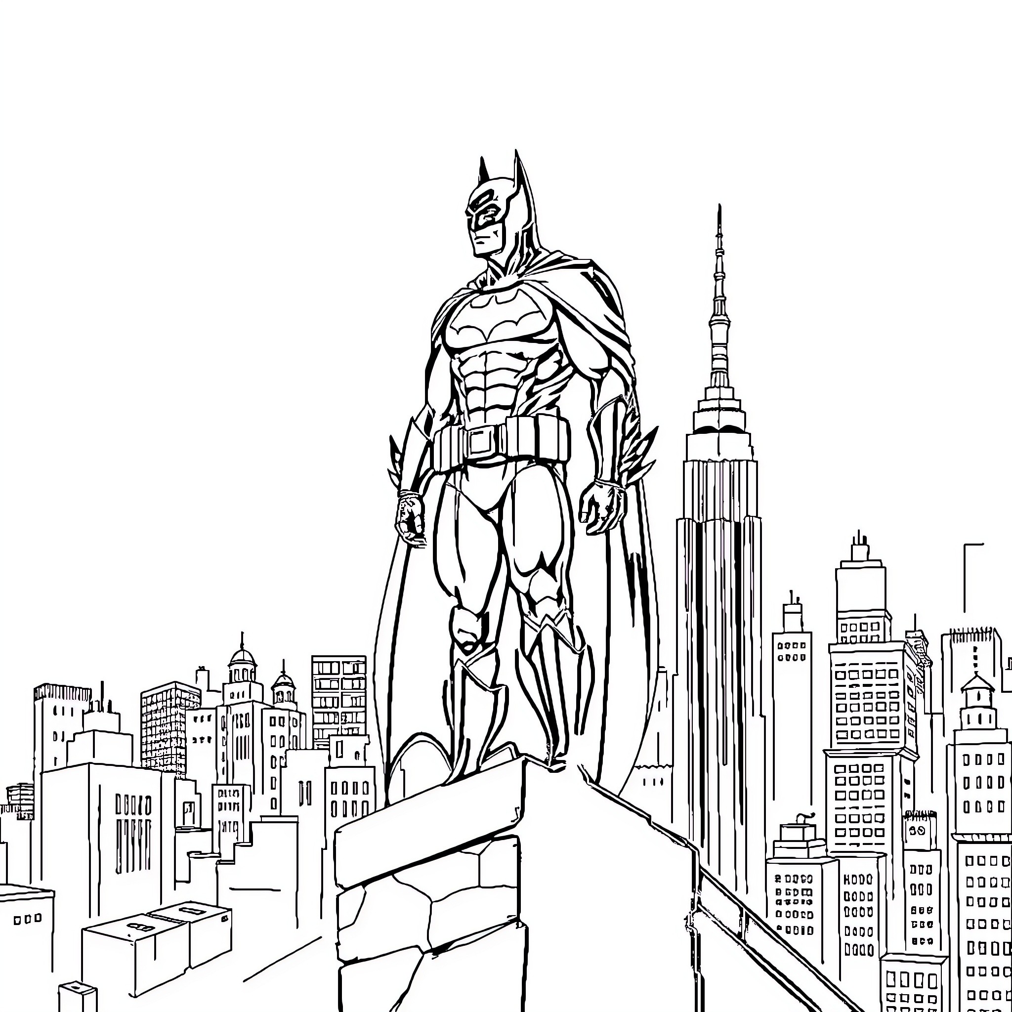 Batman overlooking a city skyline Coloring Page (free black-and-white line drawing printable PDF for all, from beginners to advanced learners, including children, teens, adults, and seniors)