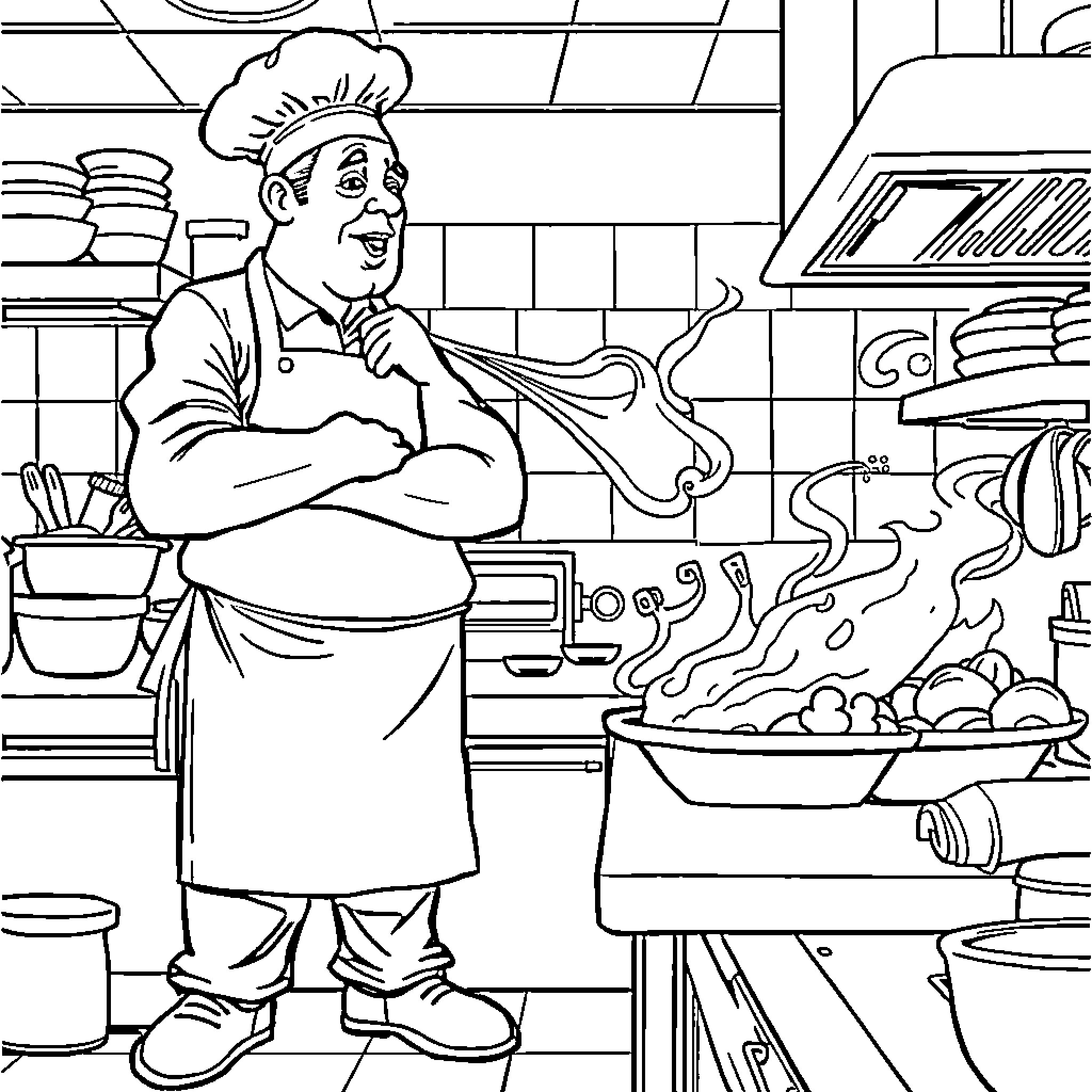 Chef cooking enthusiastically in the kitchen Coloring Page (free black-and-white line drawing printable PDF for all, from beginners to advanced learners, including children, teens, adults, and seniors)