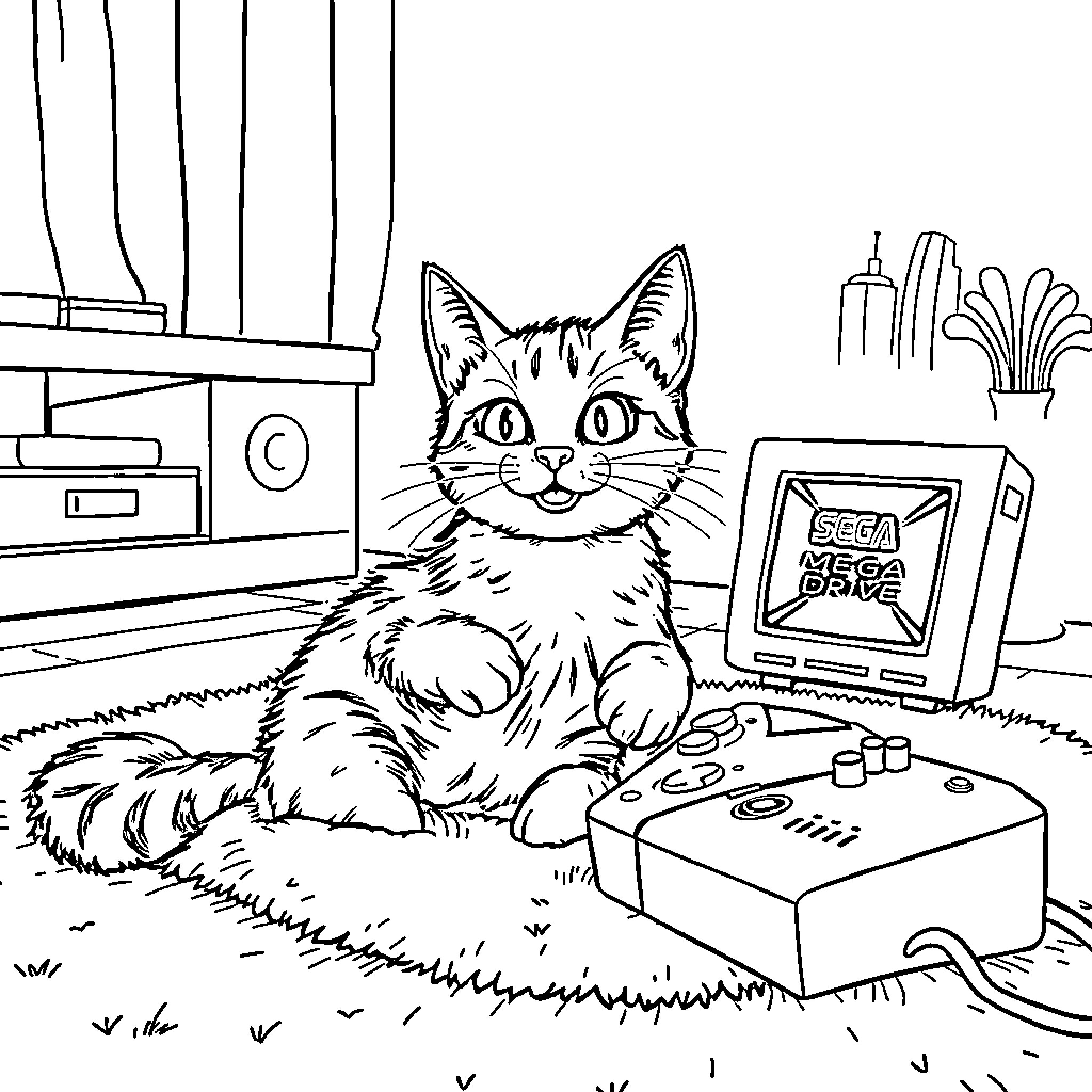 Cat playing with video game console in home Coloring Page (free black-and-white line drawing printable PDF for all, from beginners to advanced learners, including children, teens, adults, and seniors)