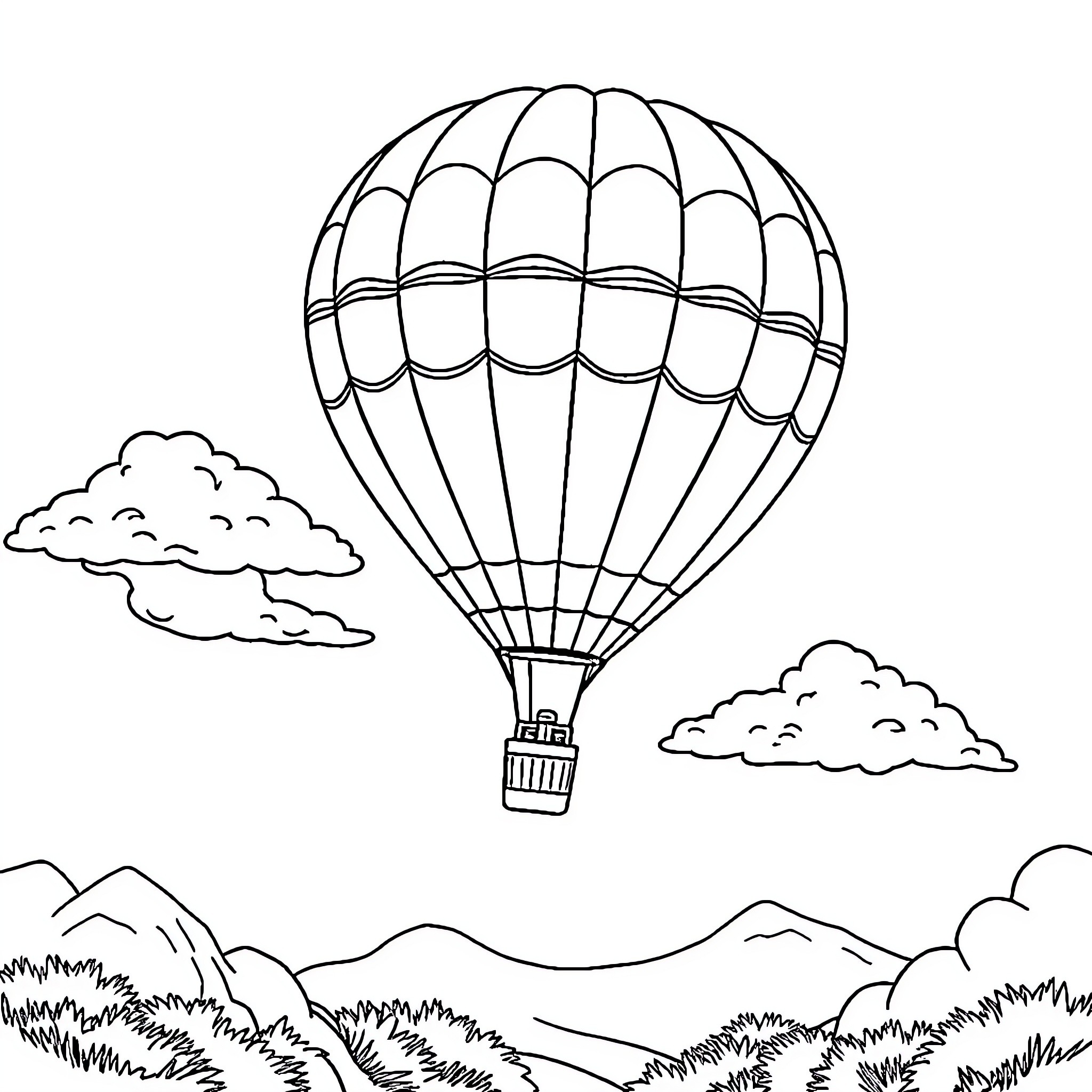 Hot Air Balloon Soaring over Scenic Landscapes Coloring Page (free black-and-white line drawing printable PDF for all, from beginners to advanced learners, including children, teens, adults, and seniors)