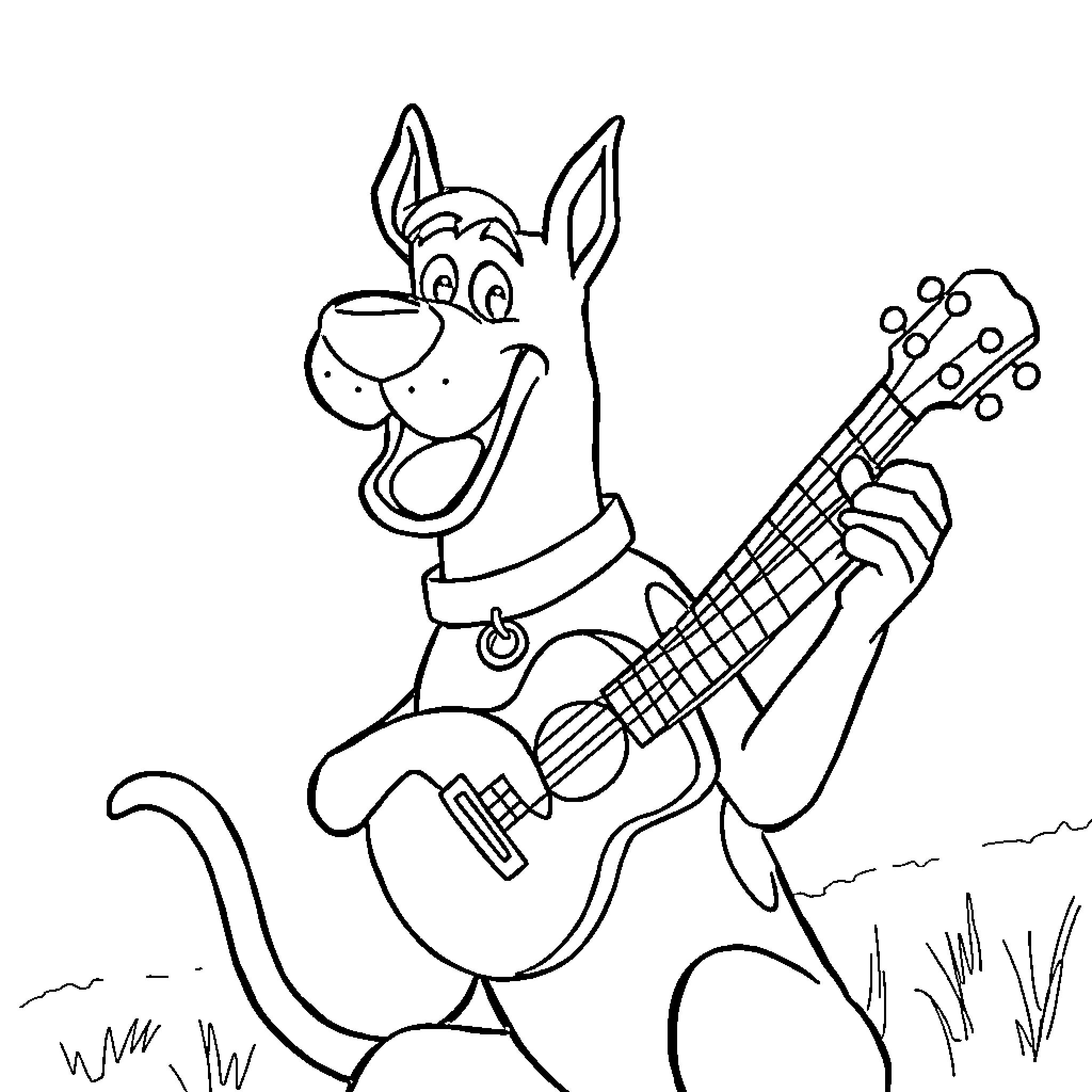 Scooby Doo playing guitar joyfully in the field Coloring Page (free black-and-white line drawing printable PDF for all, from beginners to advanced learners, including children, teens, adults, and seniors)