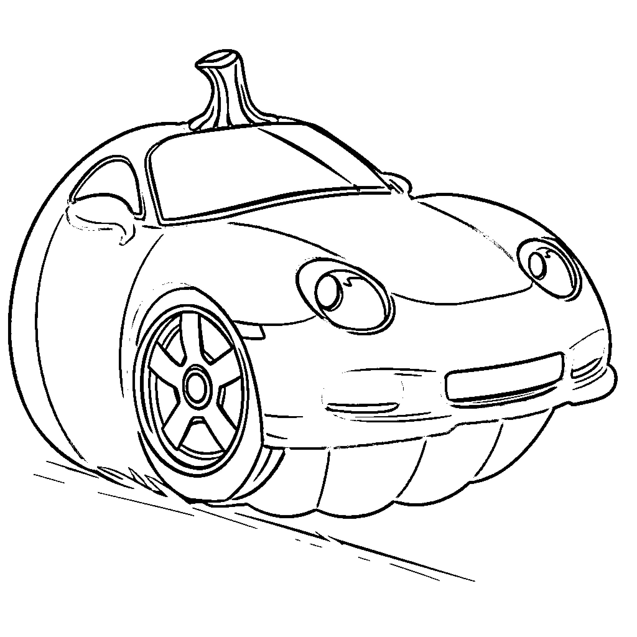 Pumpkin-shaped sports car on the road Coloring Page (free black-and-white line drawing printable PDF for all, from beginners to advanced learners, including children, teens, adults, and seniors)