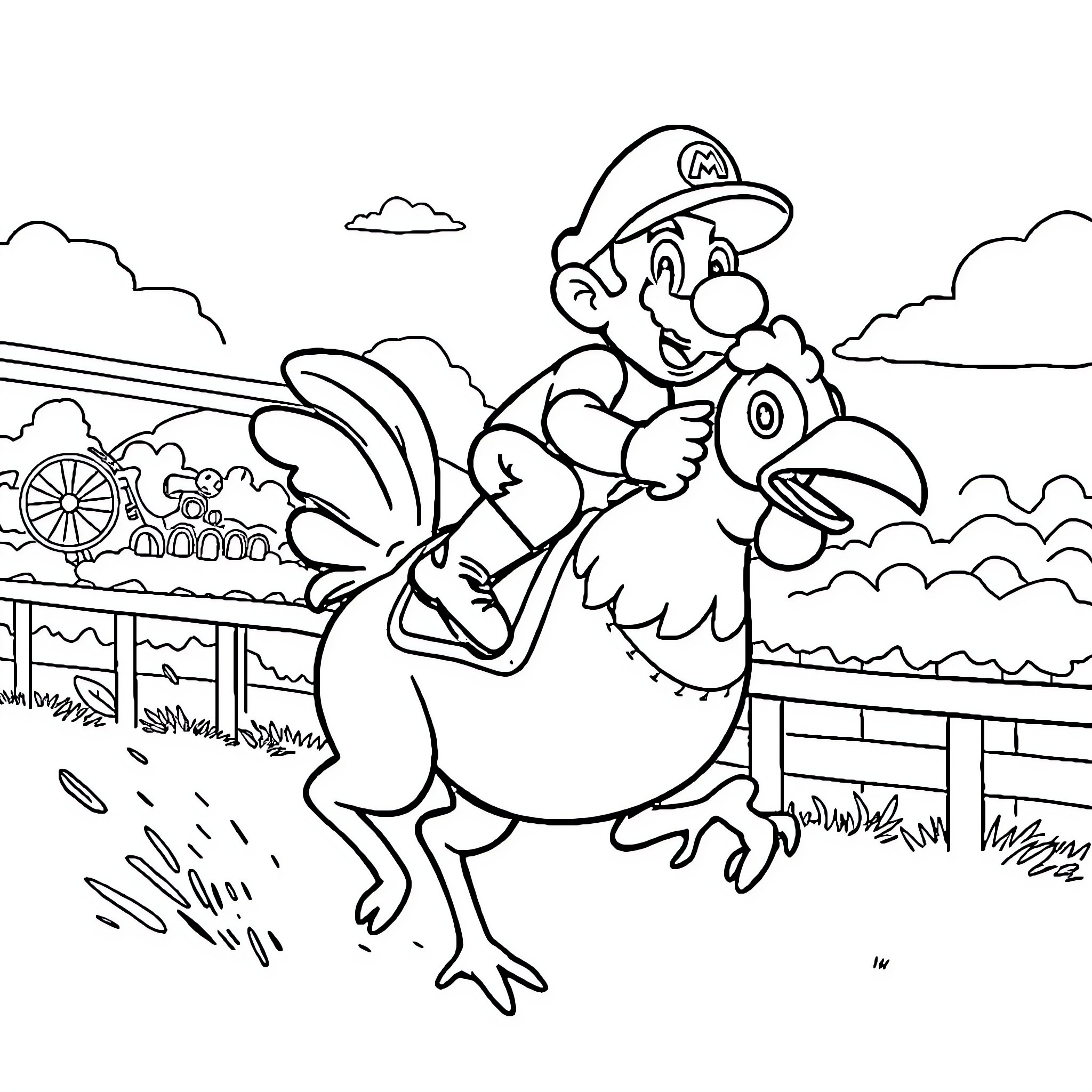 Mario riding a Yoshi in a lively scene Coloring Page (free black-and-white line drawing printable PDF for all, from beginners to advanced learners, including children, teens, adults, and seniors)
