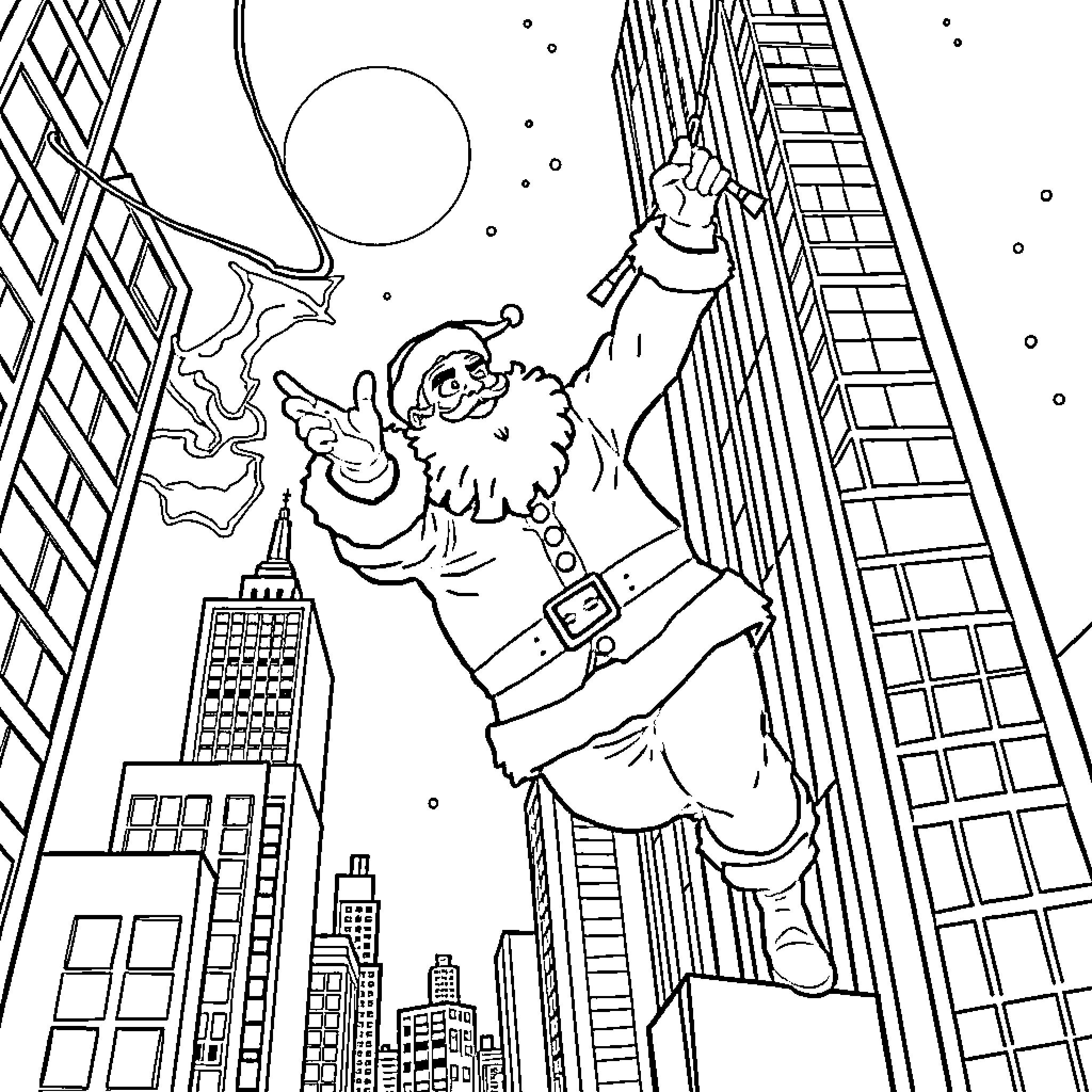 Santa scaling the skyscraper in the city Coloring Page (free black-and-white line drawing printable PDF for all, from beginners to advanced learners, including children, teens, adults, and seniors)