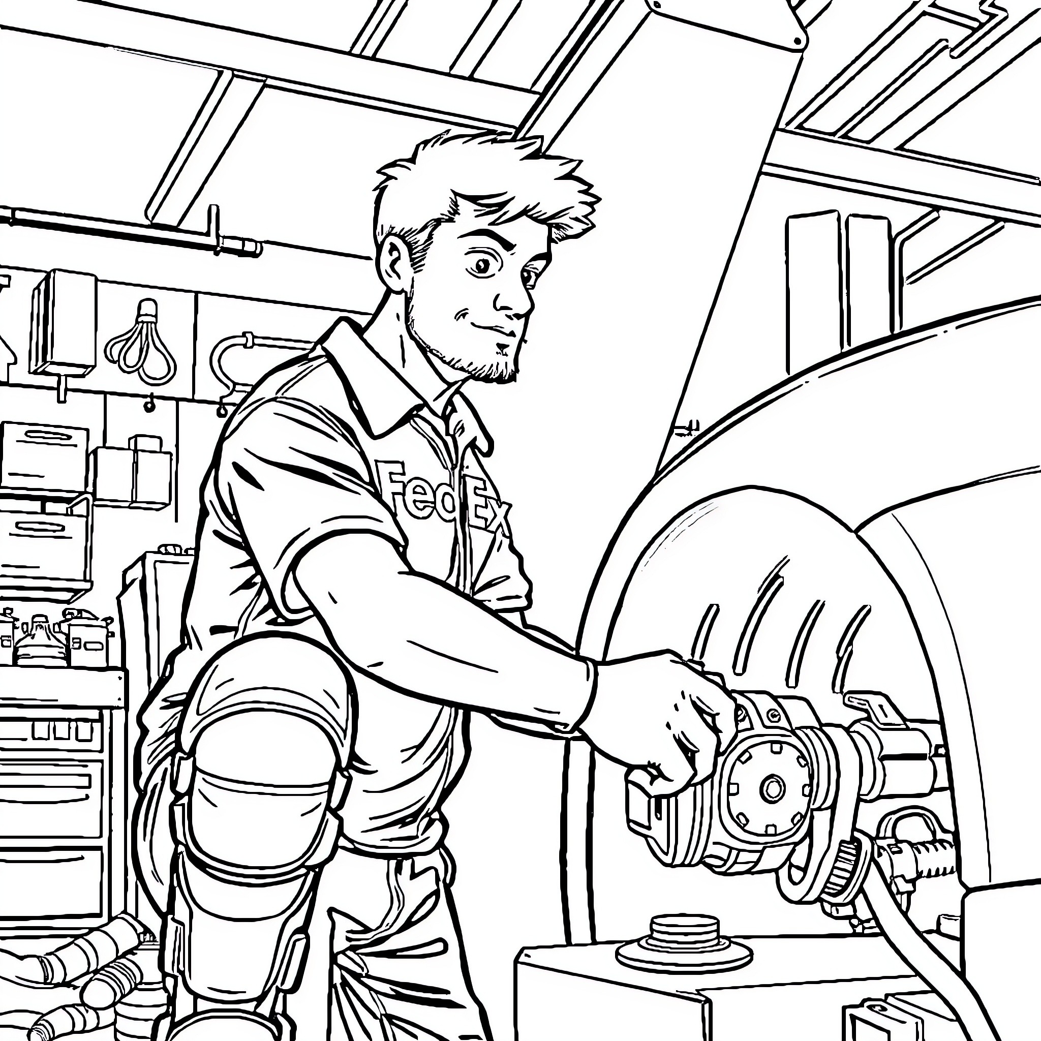 Mechanic working diligently in his workshop Coloring Page (free black-and-white line drawing printable PDF for all, from beginners to advanced learners, including children, teens, adults, and seniors)