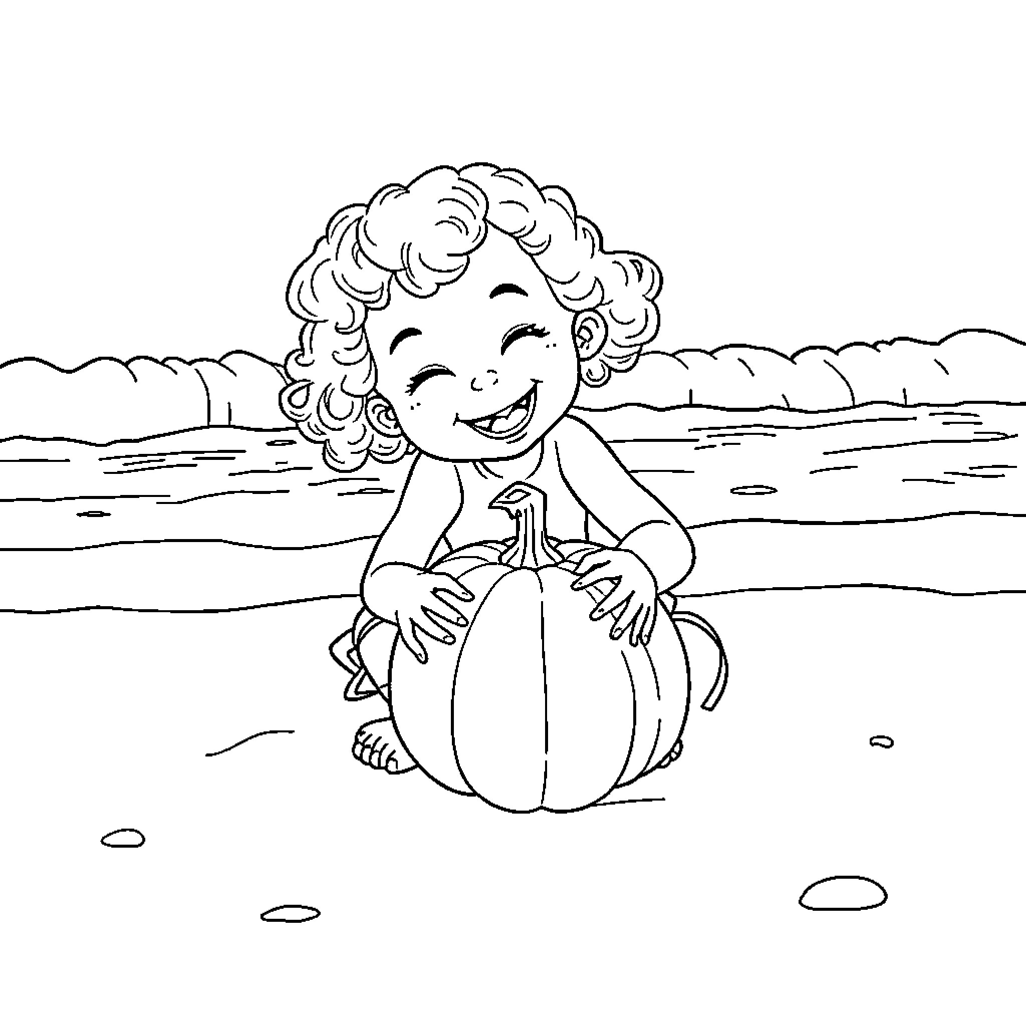 Girl happily holding a pumpkin on the beach Coloring Page (free black-and-white line drawing printable PDF for all, from beginners to advanced learners, including children, teens, adults, and seniors)