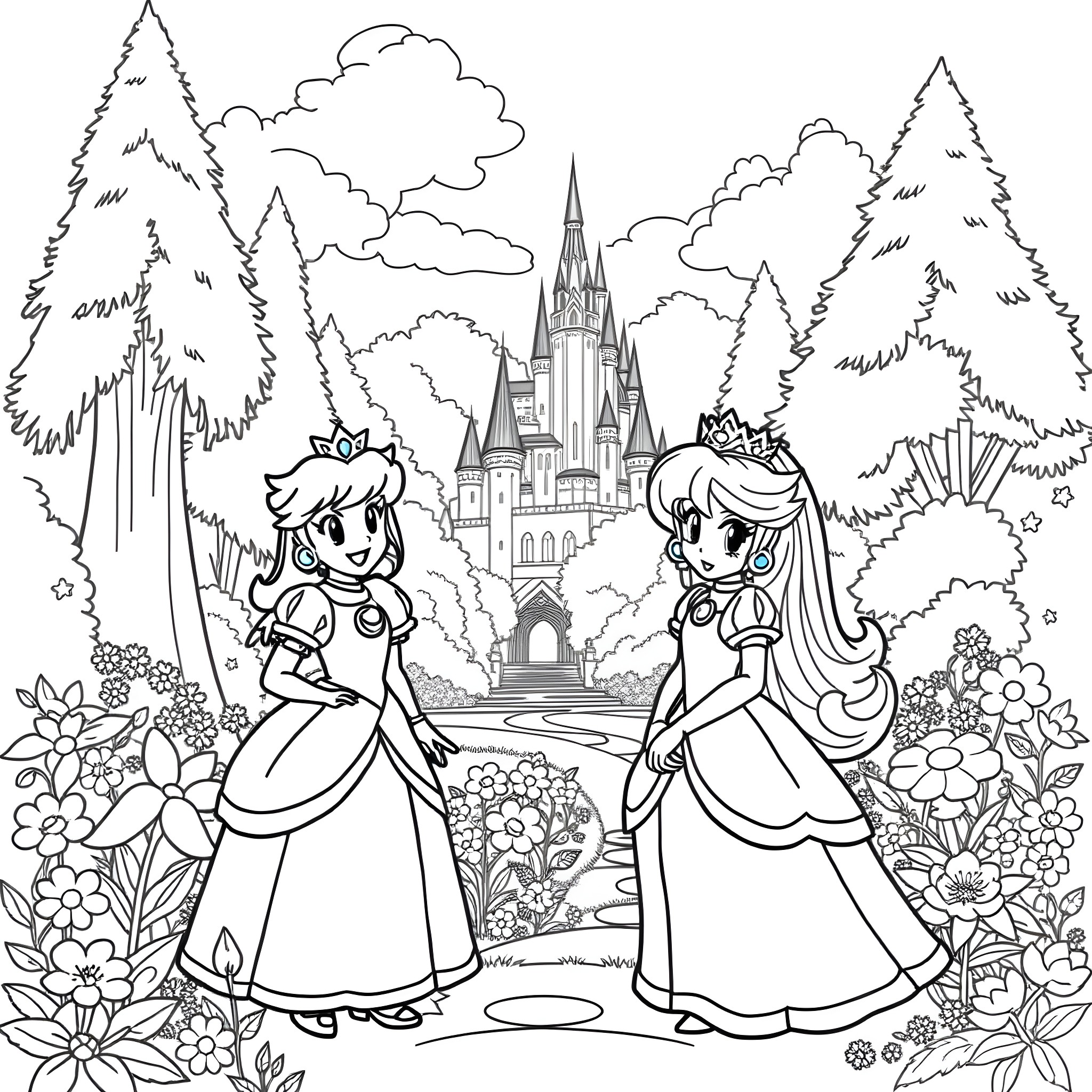 Princess Sisters Exploring Enchanted Castle Grounds Coloring Page (free black-and-white line drawing printable PDF for all, from beginners to advanced learners, including children, teens, adults, and seniors)