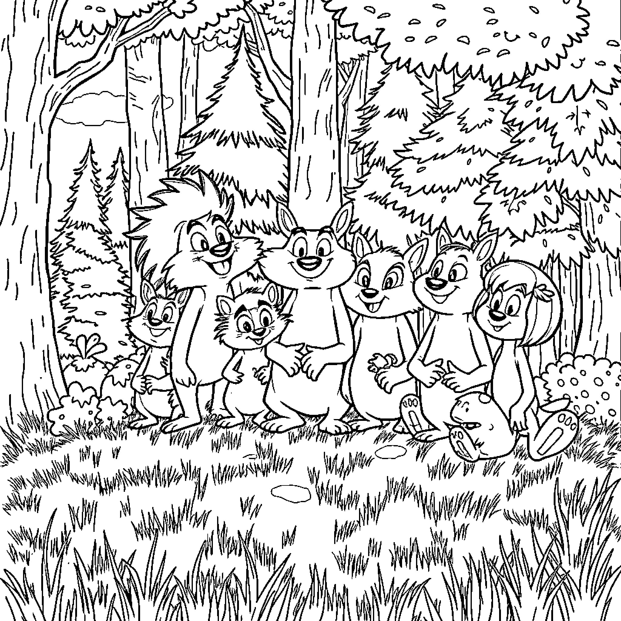 Hedge Creatures Gathering in the Enchanted Forest Coloring Page (free black-and-white line drawing printable PDF for all, from beginners to advanced learners, including children, teens, adults, and seniors)