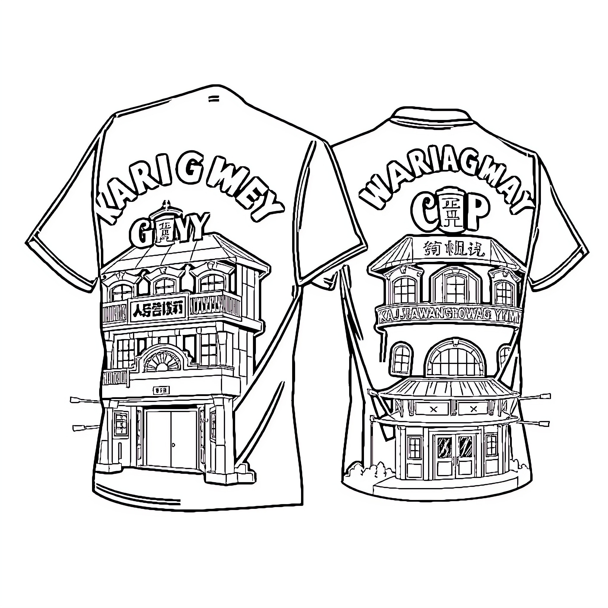 T-Shirt with Detailed Illustrations of Buildings Coloring Page (free black-and-white line drawing printable PDF for all, from beginners to advanced learners, including children, teens, adults, and seniors)