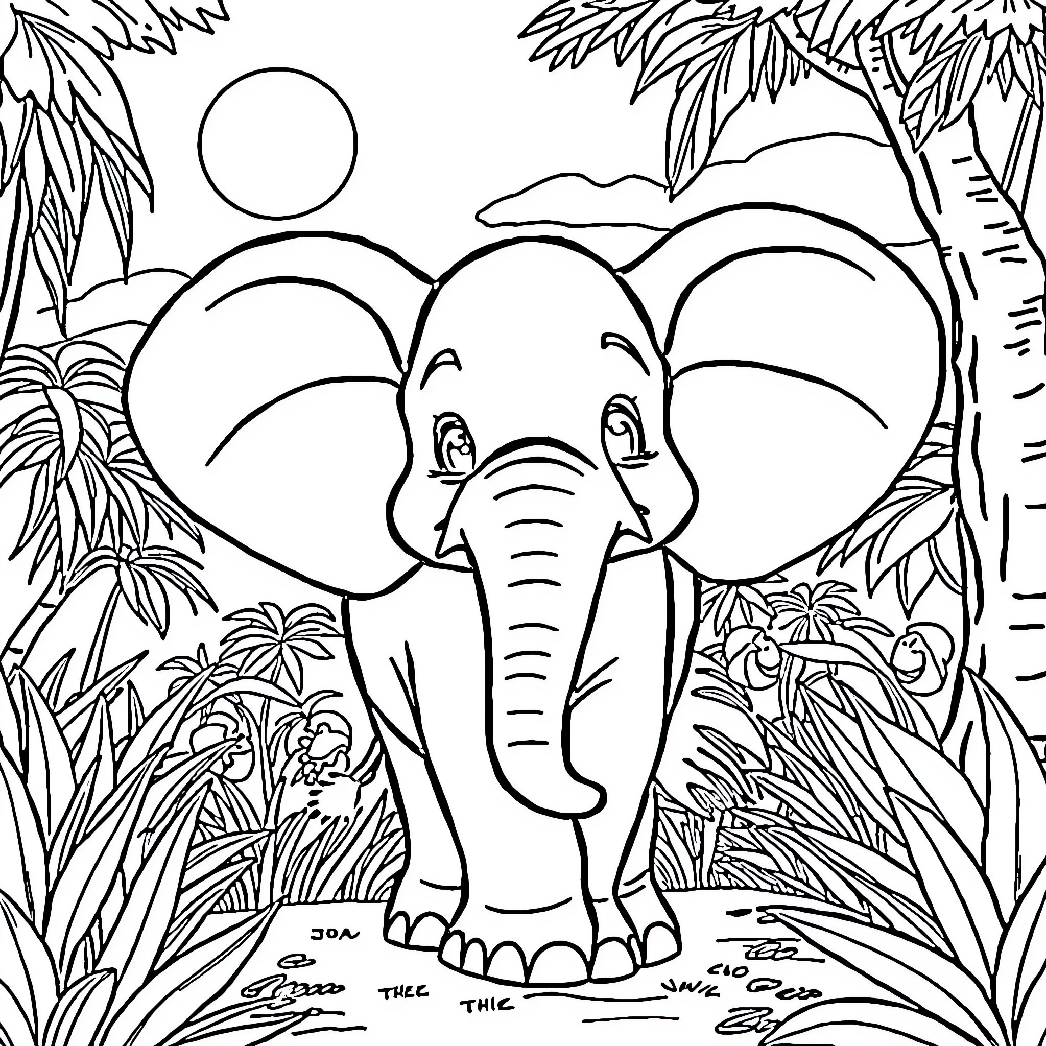 Elephant enjoying nature in the jungle Coloring Page (free black-and-white line drawing printable PDF for all, from beginners to advanced learners, including children, teens, adults, and seniors)