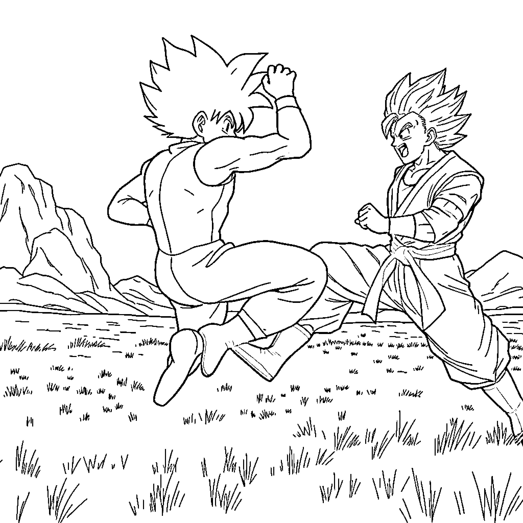 Saitama characters in fighting stance in wilderness Coloring Page (free black-and-white line drawing printable PDF for all, from beginners to advanced learners, including children, teens, adults, and seniors)