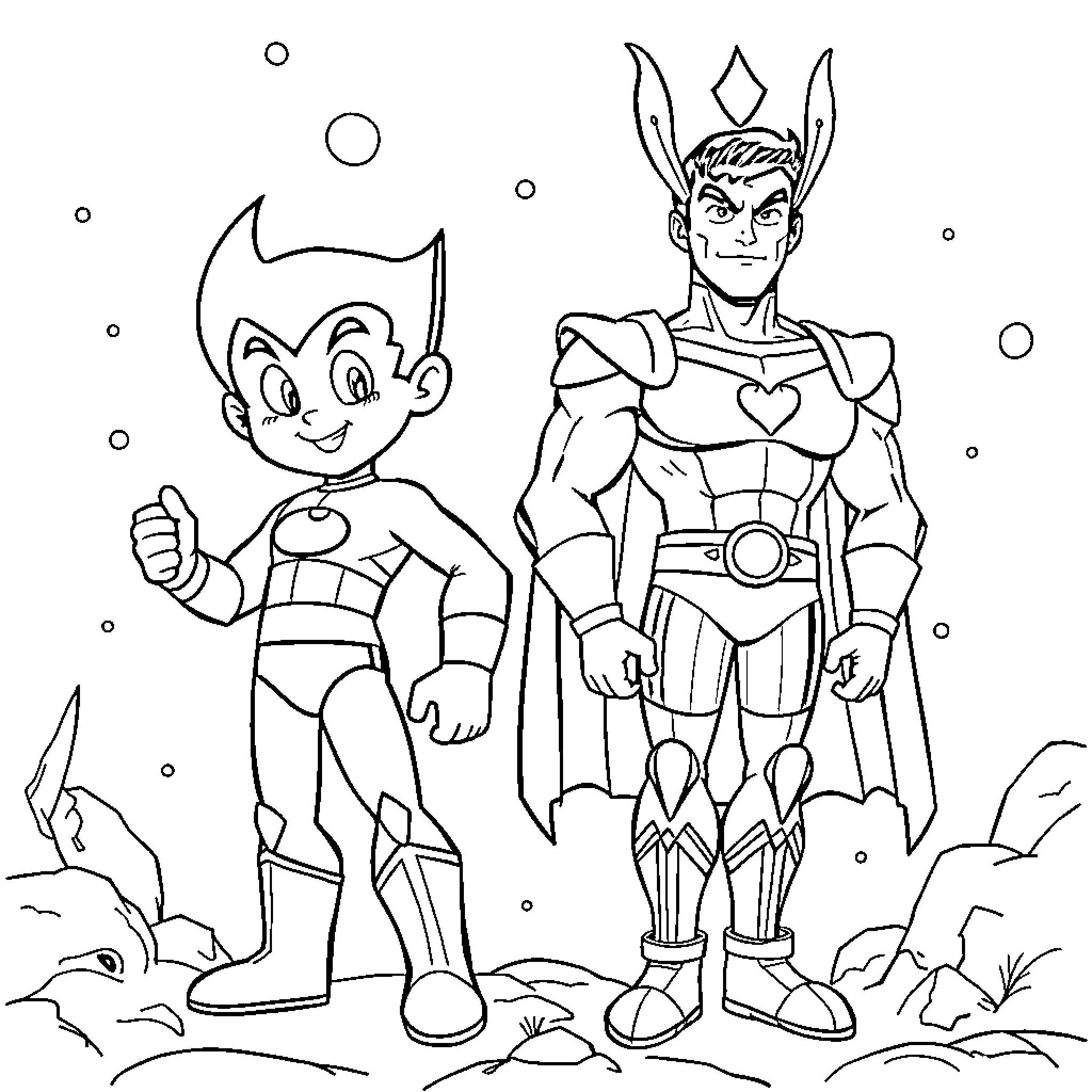 Astro Boy and Superhero Duo in Sci-Fi Adventure Coloring Page (free black-and-white line drawing printable PDF for all, from beginners to advanced learners, including children, teens, adults, and seniors)