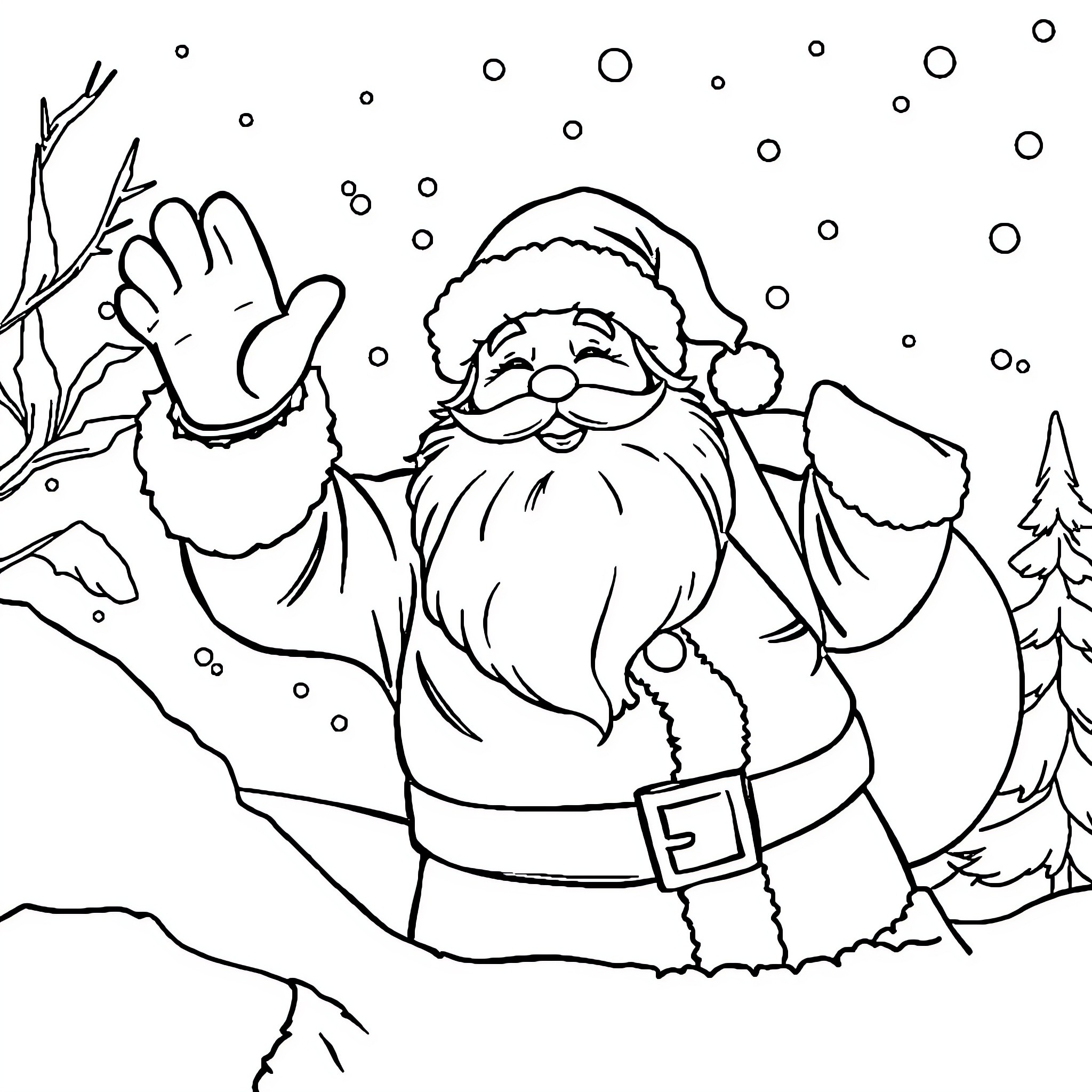 Santa waving happily in snowy winter landscape Coloring Page (free black-and-white line drawing printable PDF for all, from beginners to advanced learners, including children, teens, adults, and seniors)