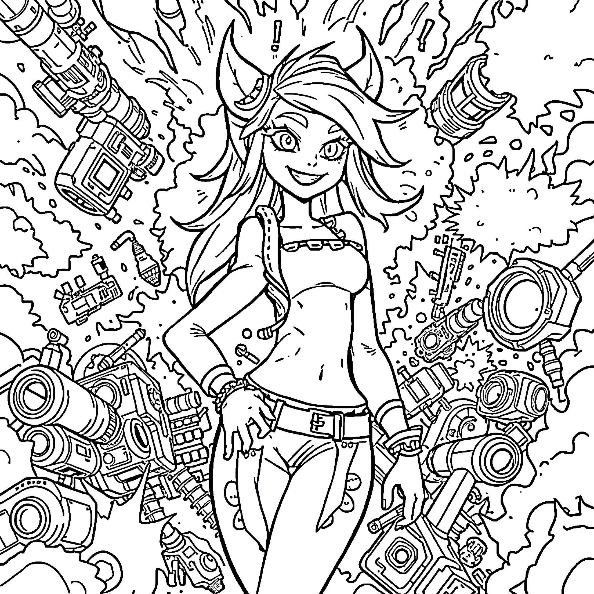 Jinx's Explosive Encounter Coloring Page (free black-and-white line drawing printable PDF for all, from beginners to advanced learners, including children, teens, adults, and seniors)