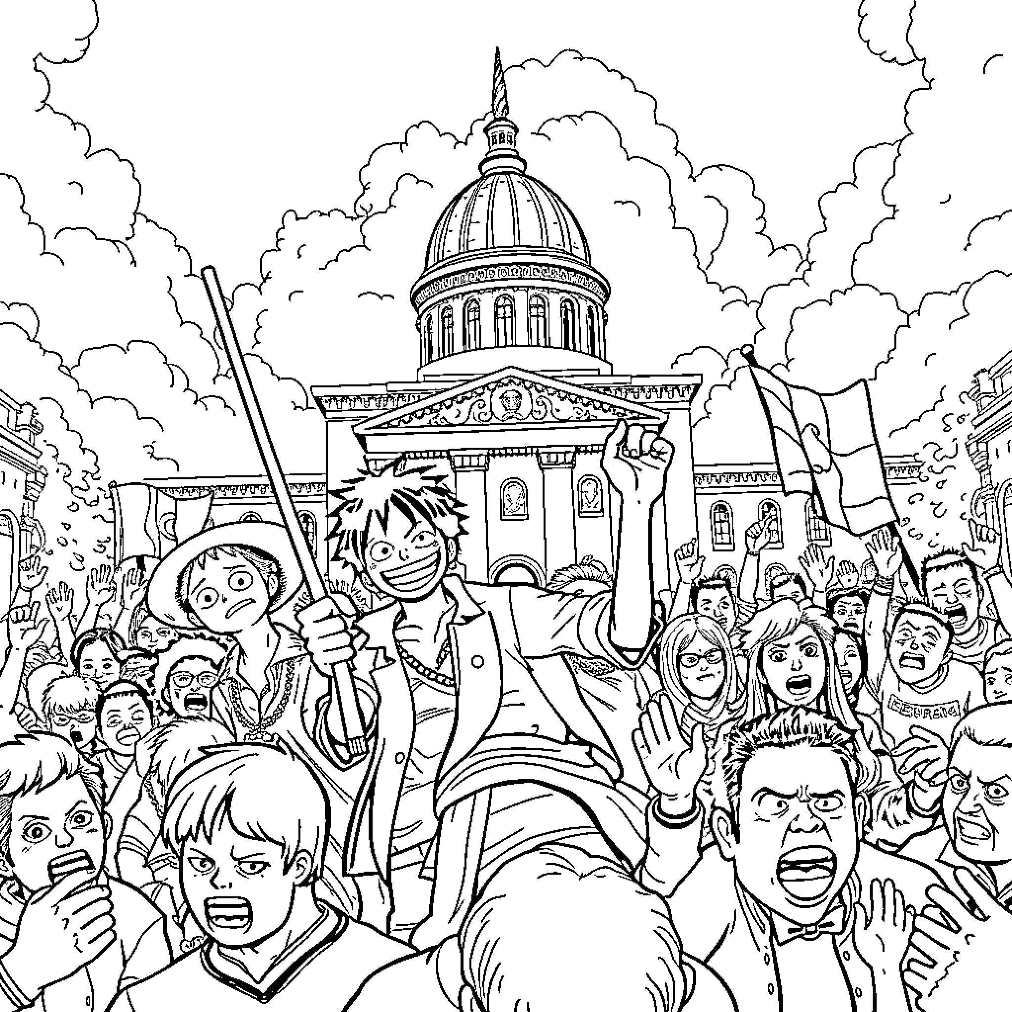 Luffy Leads Passionate Crowd in Cityscape Protest Coloring Page (free black-and-white line drawing printable PDF for all, from beginners to advanced learners, including children, teens, adults, and seniors)