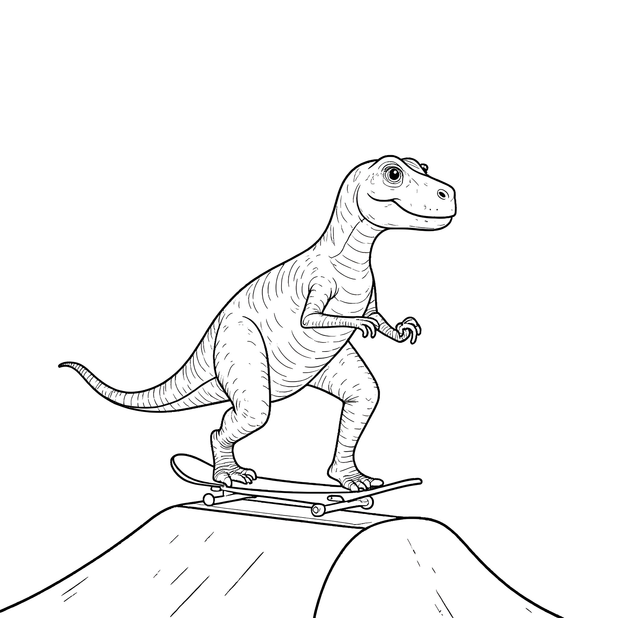 Dinosaur riding a skateboard on a hill Coloring Page (free black-and-white line drawing printable PDF for all, from beginners to advanced learners, including children, teens, adults, and seniors)