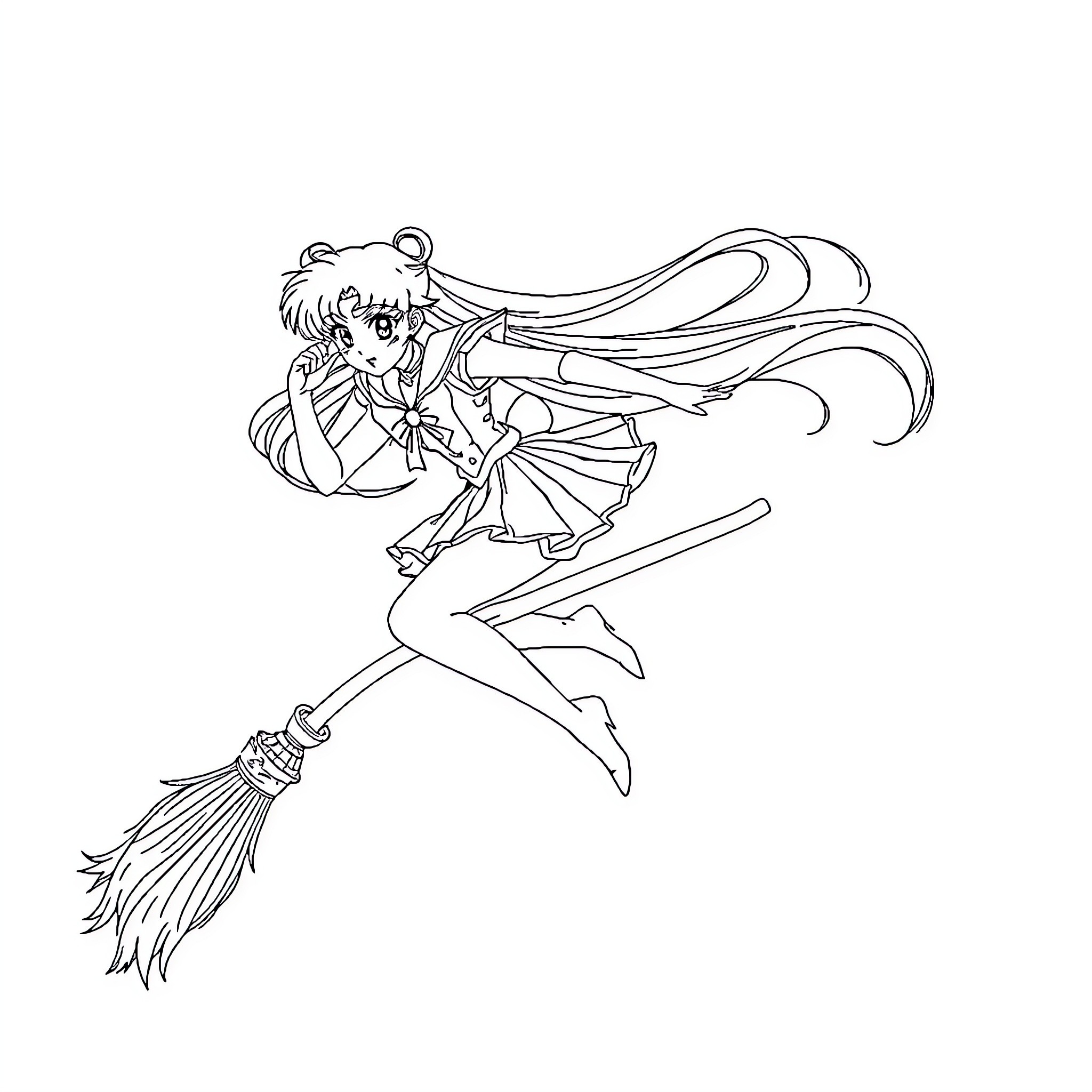 Sailor Moon in action with magical broom Coloring Page (free black-and-white line drawing printable PDF for all, from beginners to advanced learners, including children, teens, adults, and seniors)