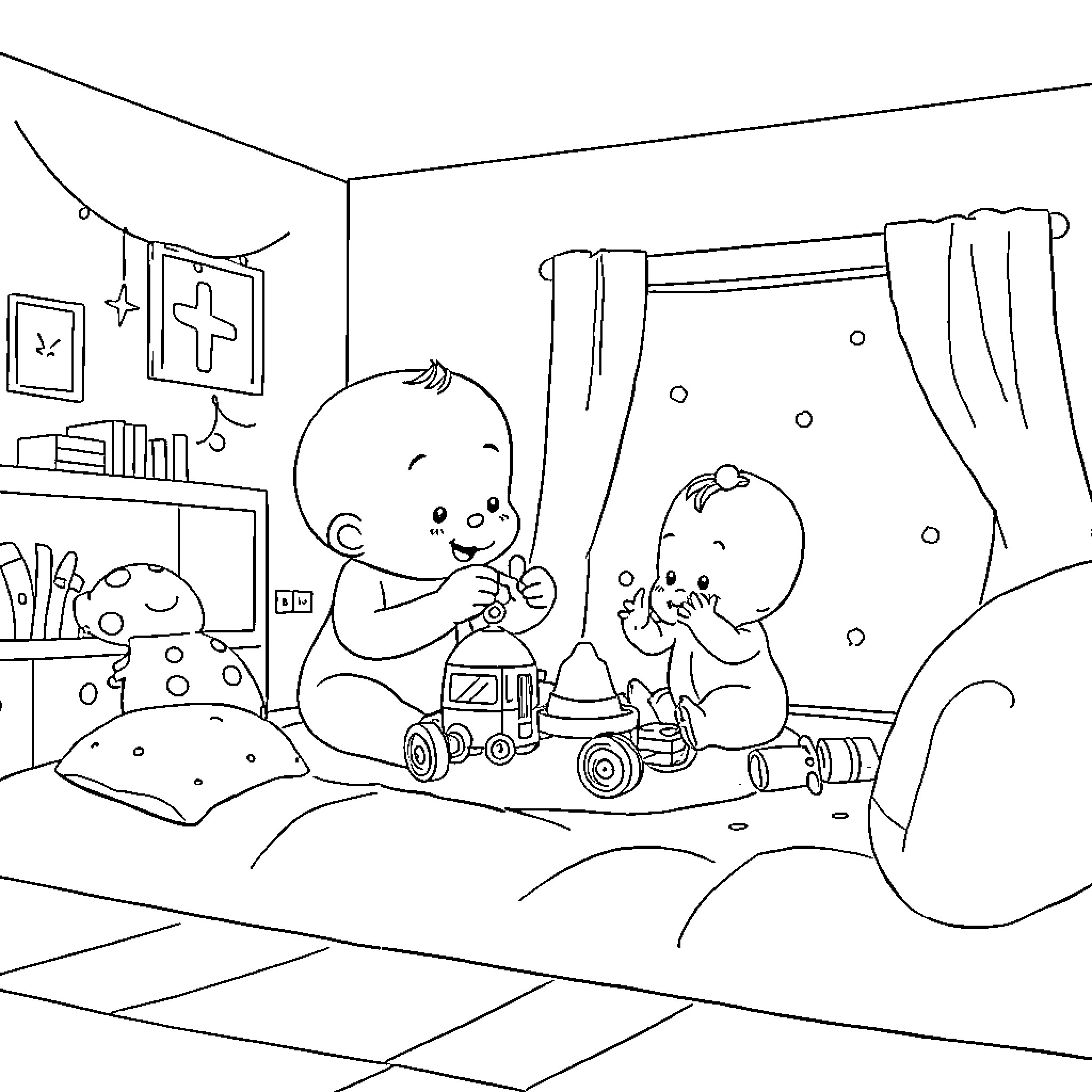 Bebe babies playing with toys in nursery Coloring Page (free black-and-white line drawing printable PDF for all, from beginners to advanced learners, including children, teens, adults, and seniors)