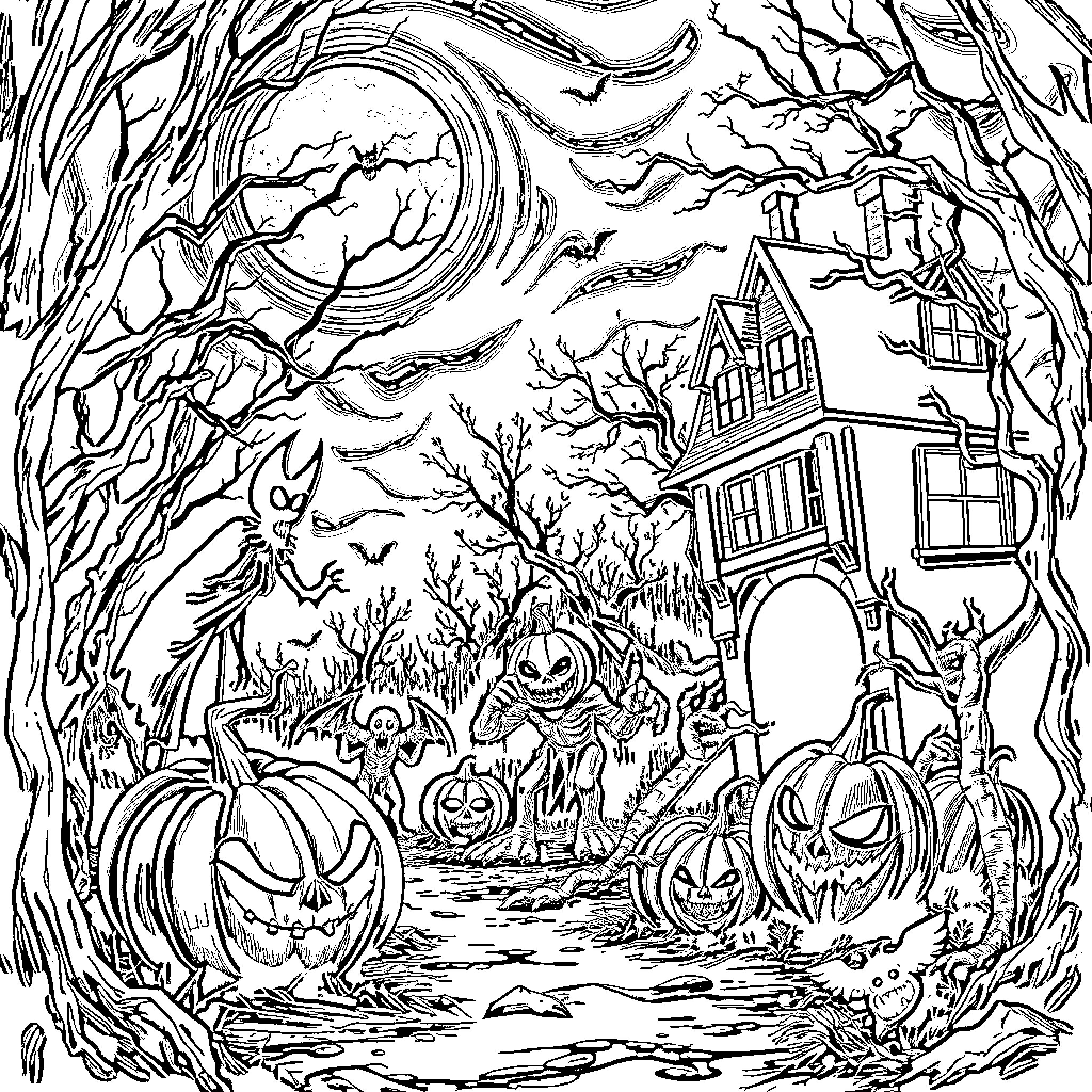 Demon Halloween Night Haunted House Celebration Coloring Page (free black-and-white line drawing printable PDF for all, from beginners to advanced learners, including children, teens, adults, and seniors)