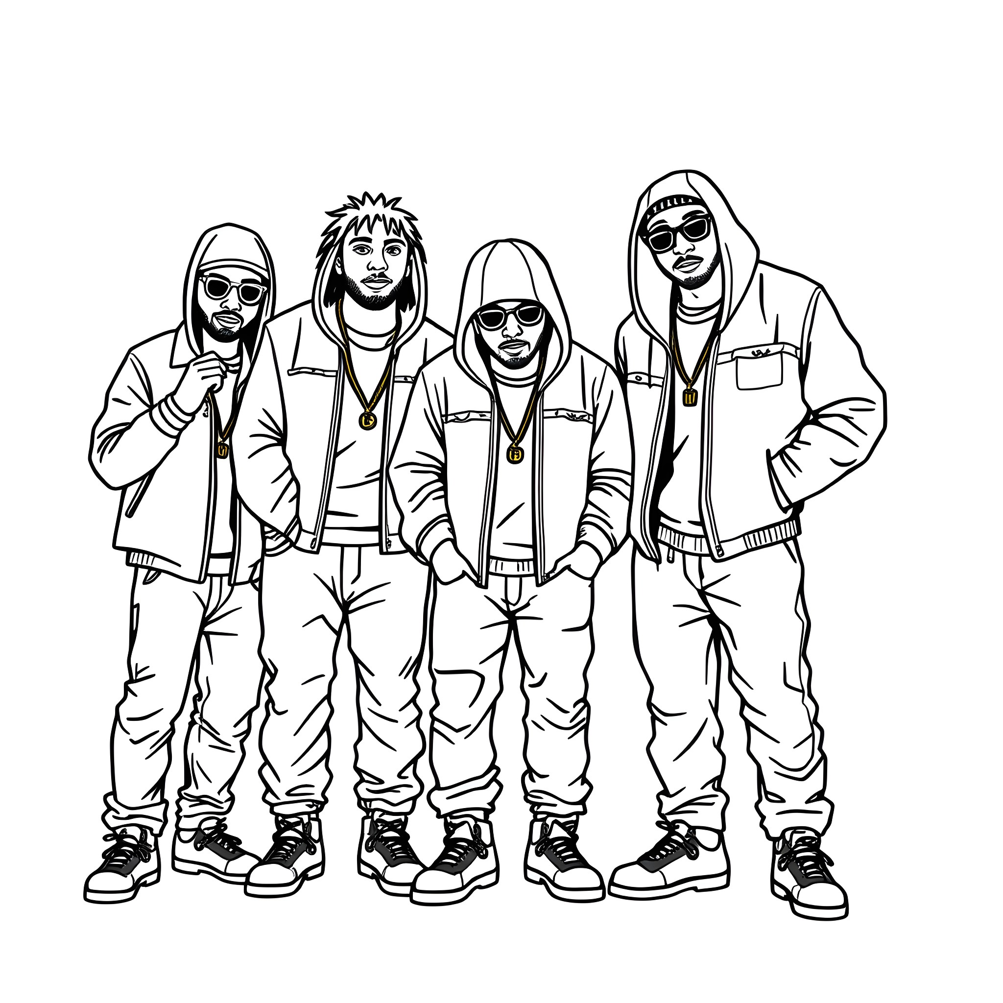 Bone Thugs n Harmony Posing Stylishly Coloring Page (free black-and-white line drawing printable PDF for all, from beginners to advanced learners, including children, teens, adults, and seniors)