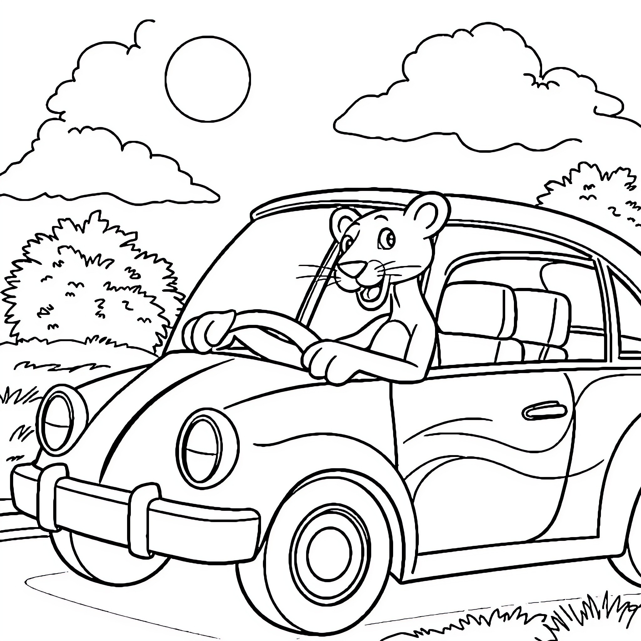 Pink Panther's joy ride in a vintage car Coloring Page (free black-and-white line drawing printable PDF for all, from beginners to advanced learners, including children, teens, adults, and seniors)