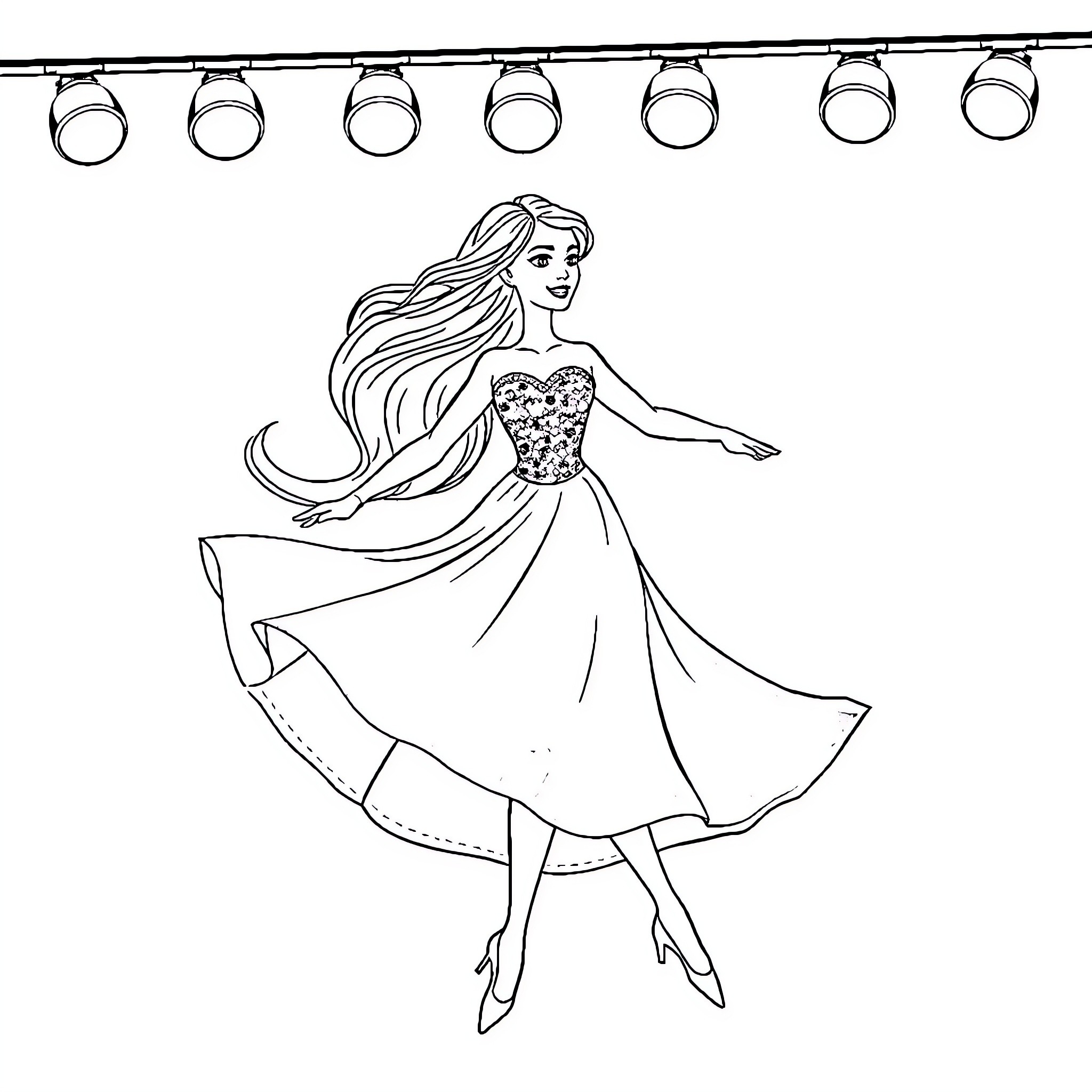 Barbie dancing joyfully on stage Coloring Page (free black-and-white line drawing printable PDF for all, from beginners to advanced learners, including children, teens, adults, and seniors)