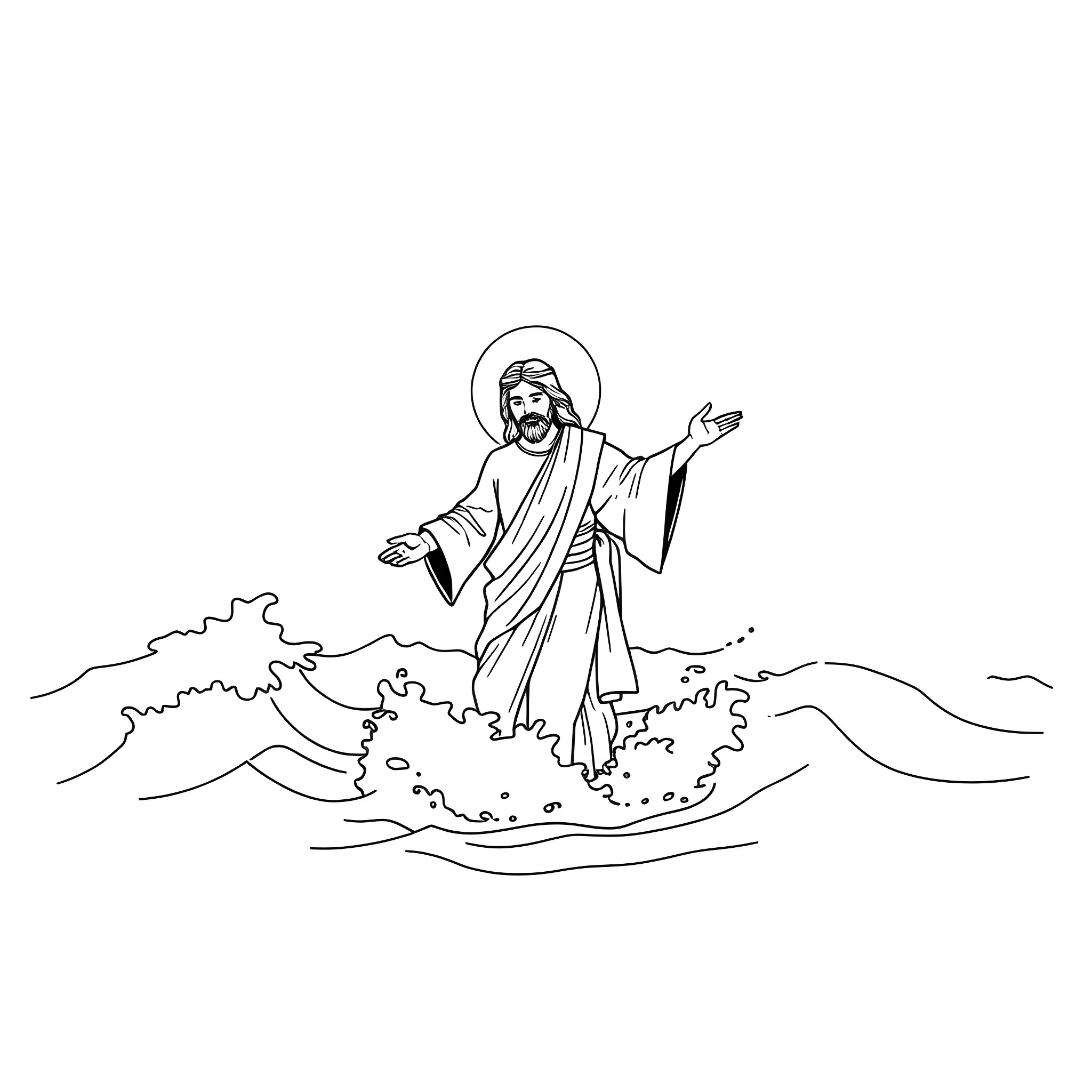Jesus walking on water among the waves Coloring Page (free black-and-white line drawing printable PDF for all, from beginners to advanced learners, including children, teens, adults, and seniors)