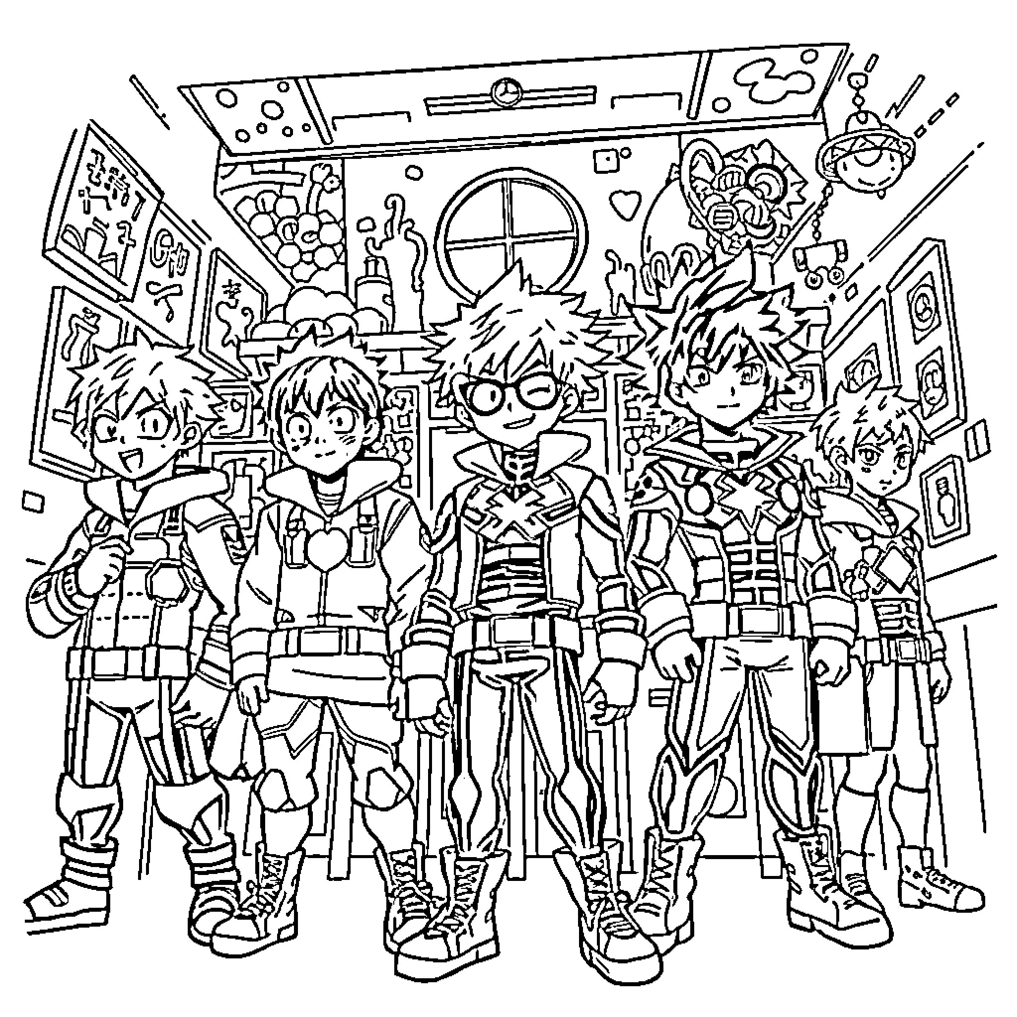 My Hero Academia: Heroic Ensemble in Action Coloring Page (free black-and-white line drawing printable PDF for all, from beginners to advanced learners, including children, teens, adults, and seniors)