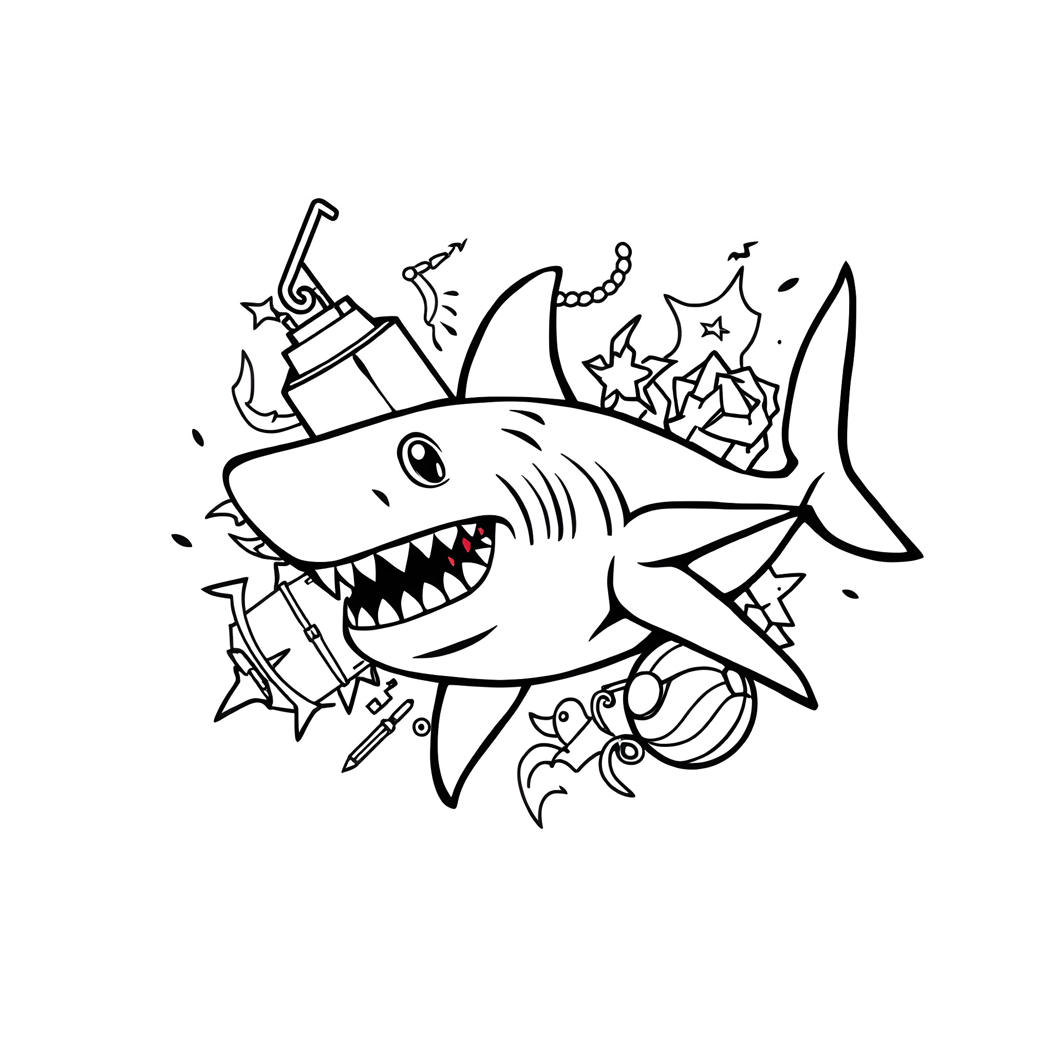 Shark with party accessories Coloring Page (free black-and-white line drawing printable PDF for all, from beginners to advanced learners, including children, teens, adults, and seniors)