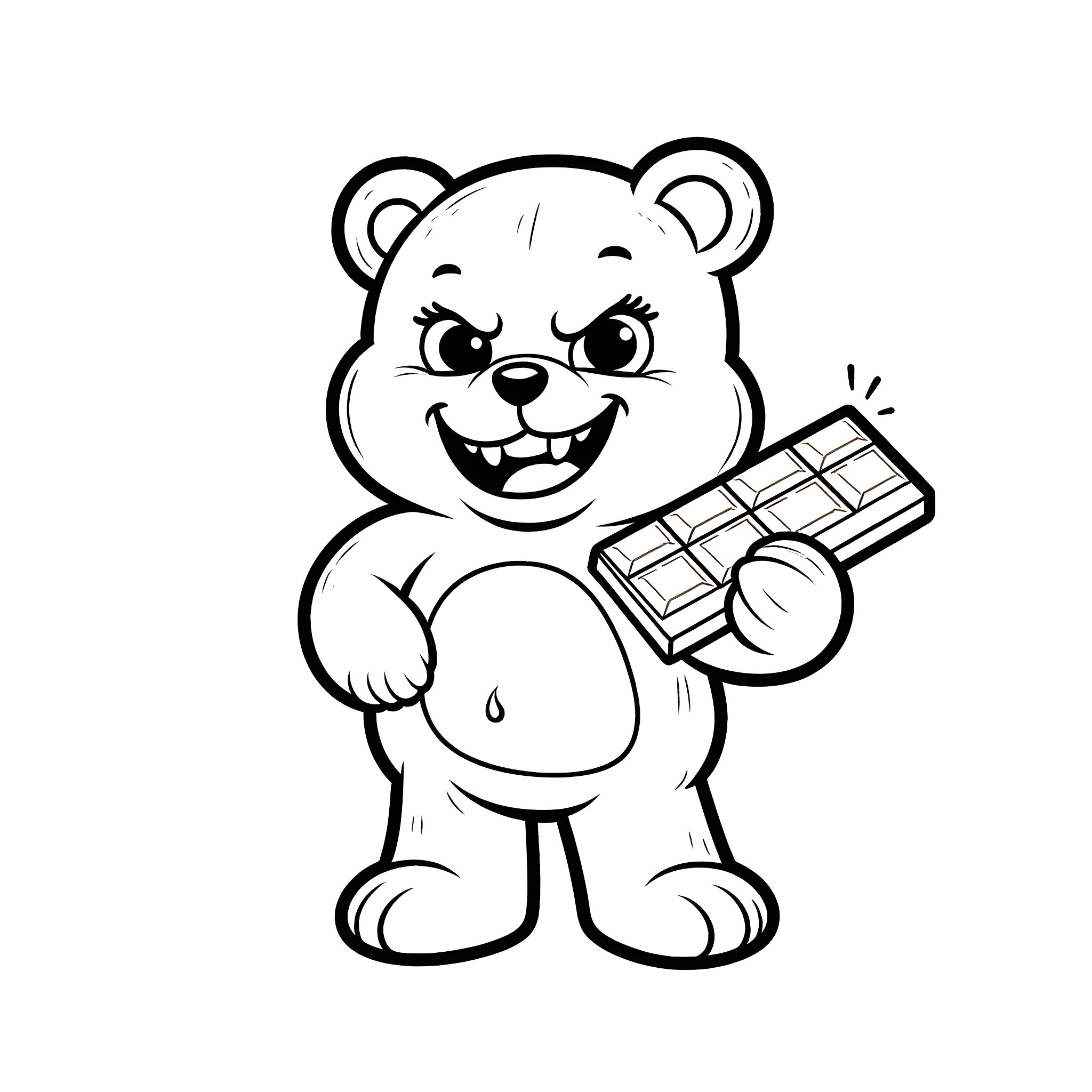 Gummy Bear enjoying chocolate snack Coloring Page (free black-and-white line drawing printable PDF for all, from beginners to advanced learners, including children, teens, adults, and seniors)