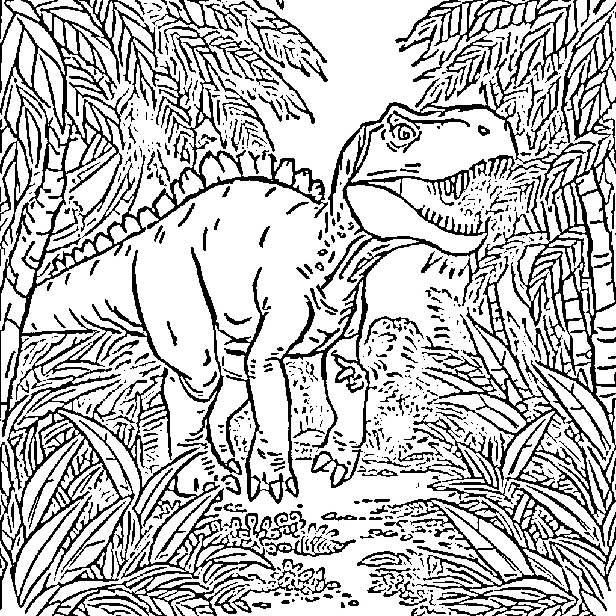 Dinosaur roaming through a lush jungle landscape Coloring Page (free black-and-white line drawing printable PDF for all, from beginners to advanced learners, including children, teens, adults, and seniors)
