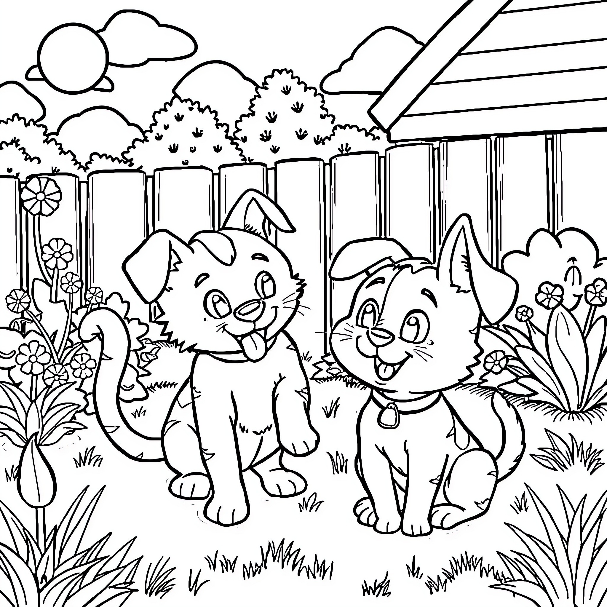 Cat-Dog Companions Explore Whimsical Backyard Coloring Page (free black-and-white line drawing printable PDF for all, from beginners to advanced learners, including children, teens, adults, and seniors)
