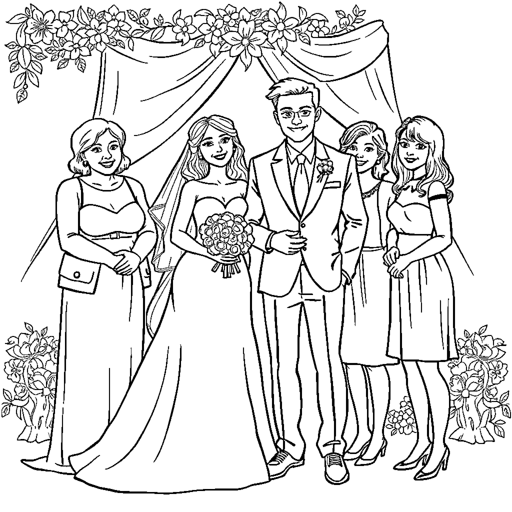 Bluey Family Celebration at a Wedding Coloring Page (free black-and-white line drawing printable PDF for all, from beginners to advanced learners, including children, teens, adults, and seniors)