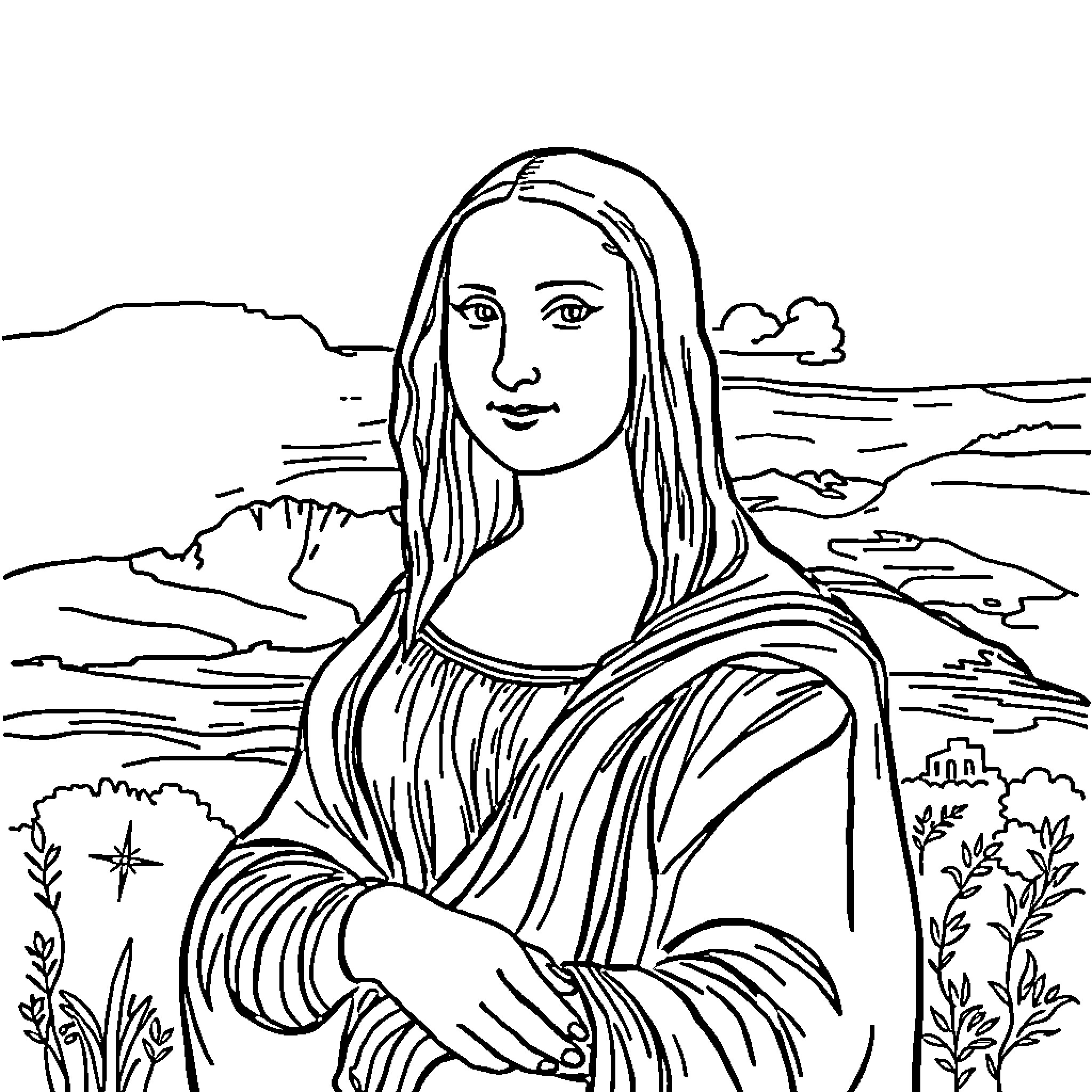 Mona Lisa contemplating the scenic landscape Coloring Page (free black-and-white line drawing printable PDF for all, from beginners to advanced learners, including children, teens, adults, and seniors)